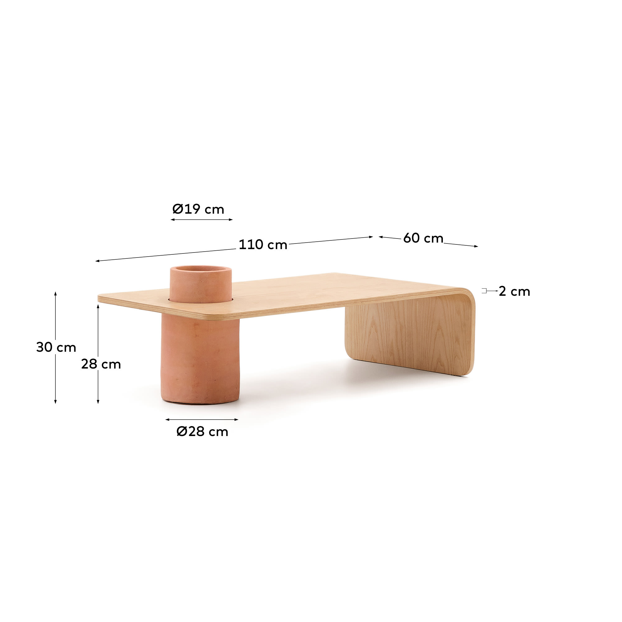 Olaria terracotta coffee table with an oak veneer in a natural finish, 110 x 60 cm