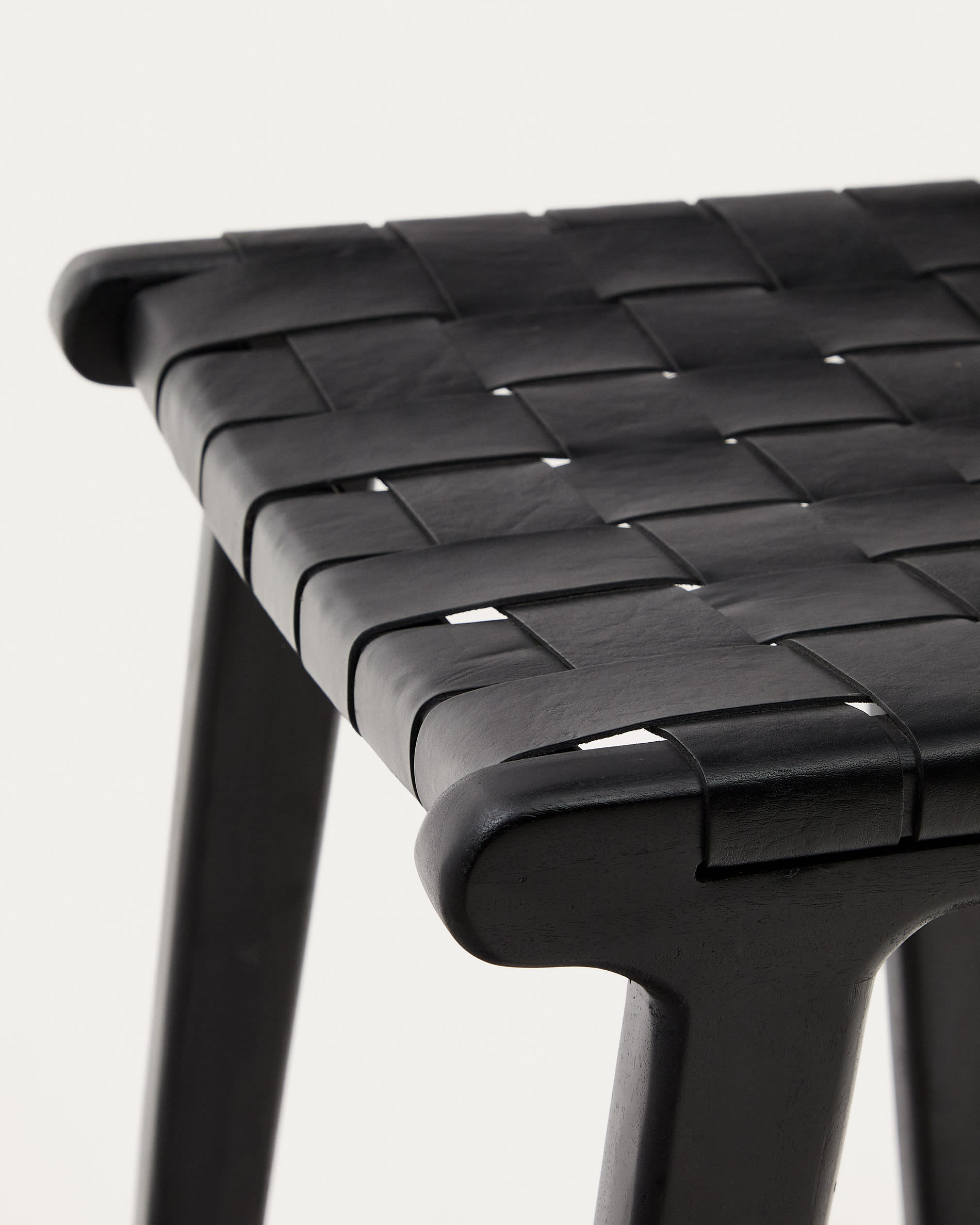 Calixta stool in leather and solid mahogany wood with black finish, 67 cm height