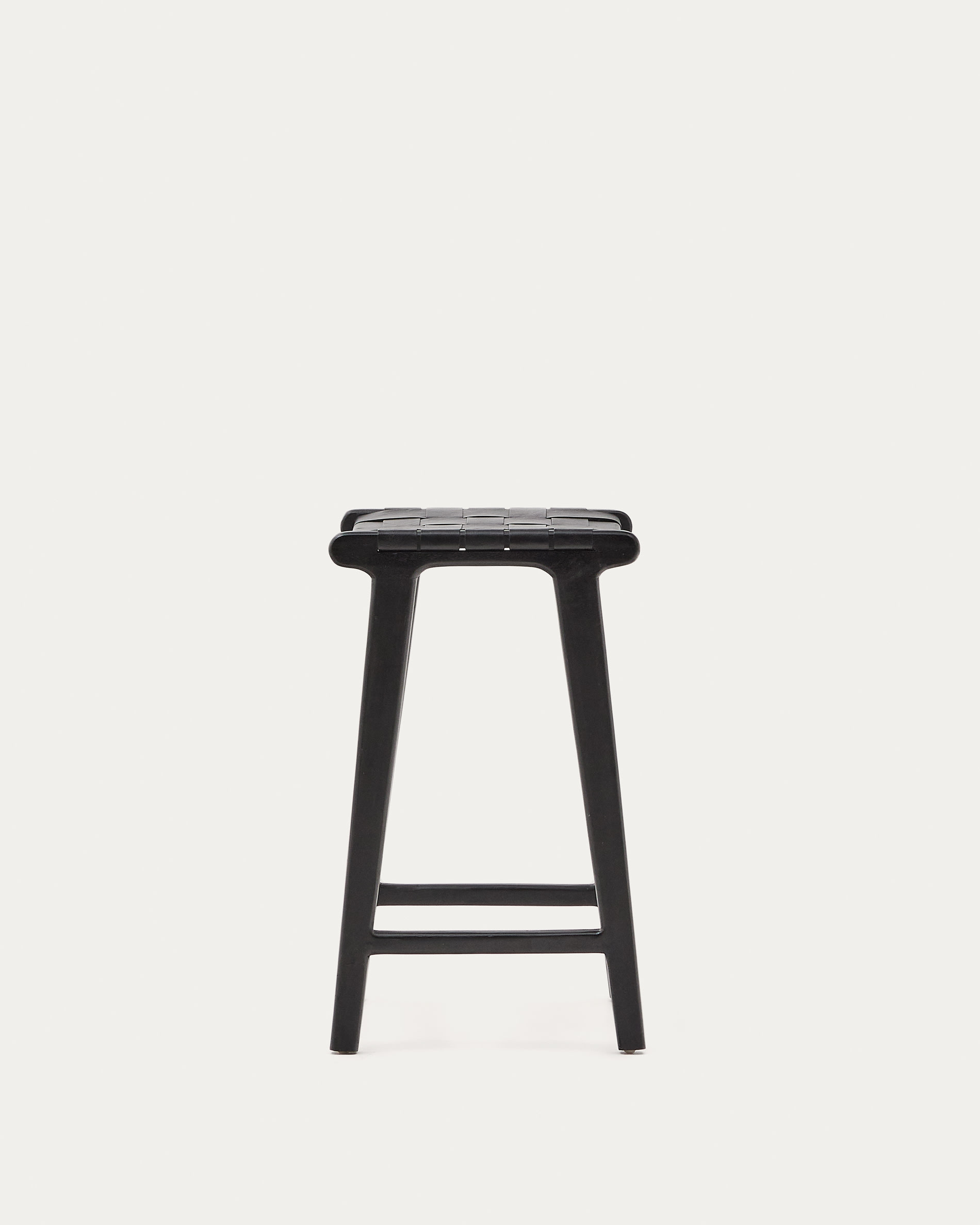 Calixta stool in leather and solid mahogany wood with black finish, 67 cm height