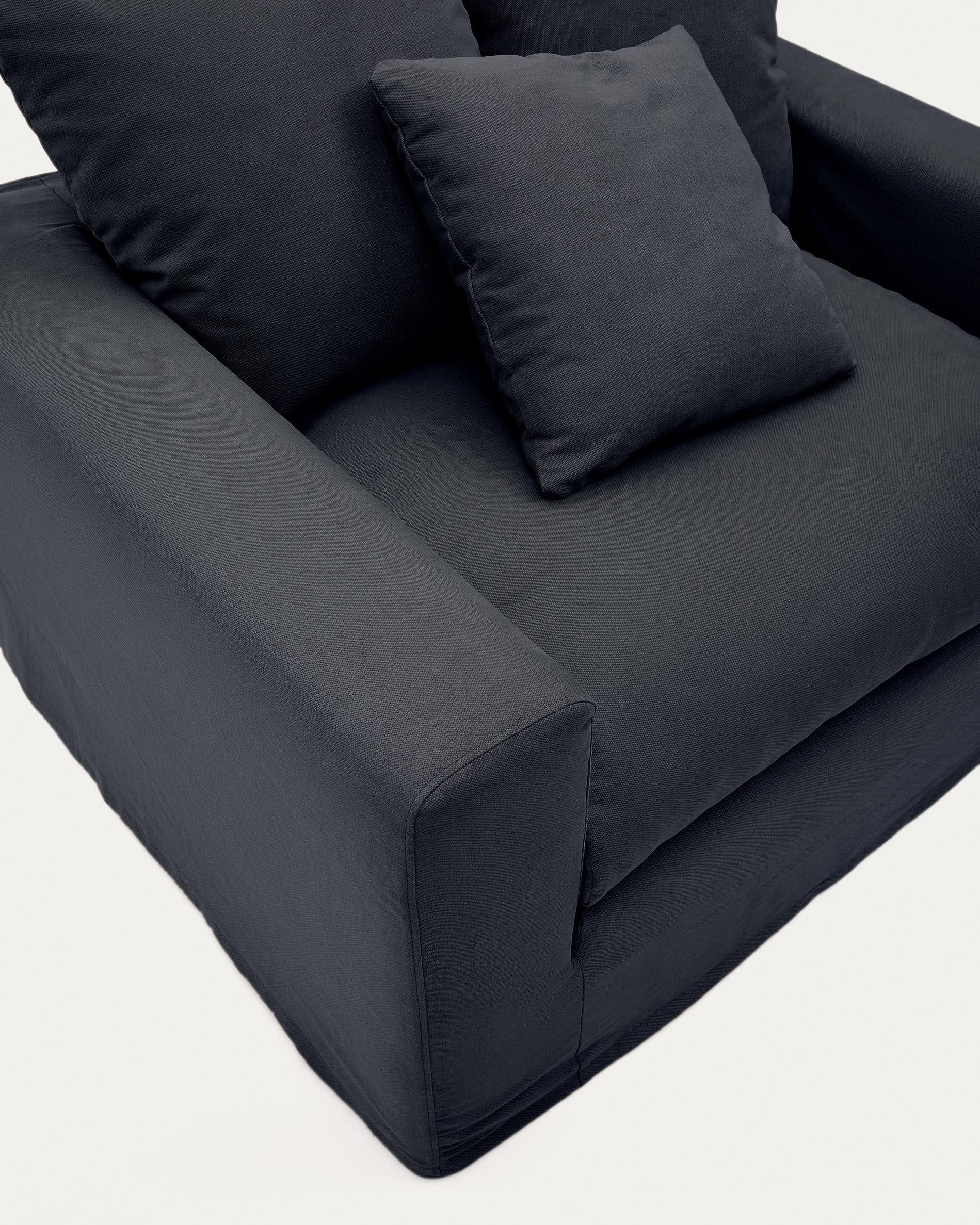 Nora armchair with removable cover with linen and cotton cushion in anthracite grey 140cm