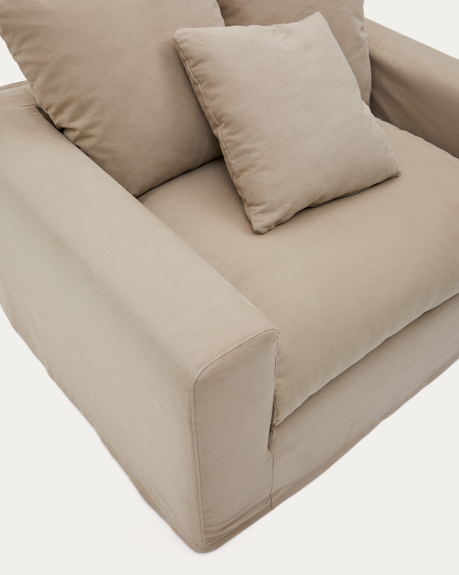 Nora armchair with removable cover with linen and cotton cushion in taupe 140cm