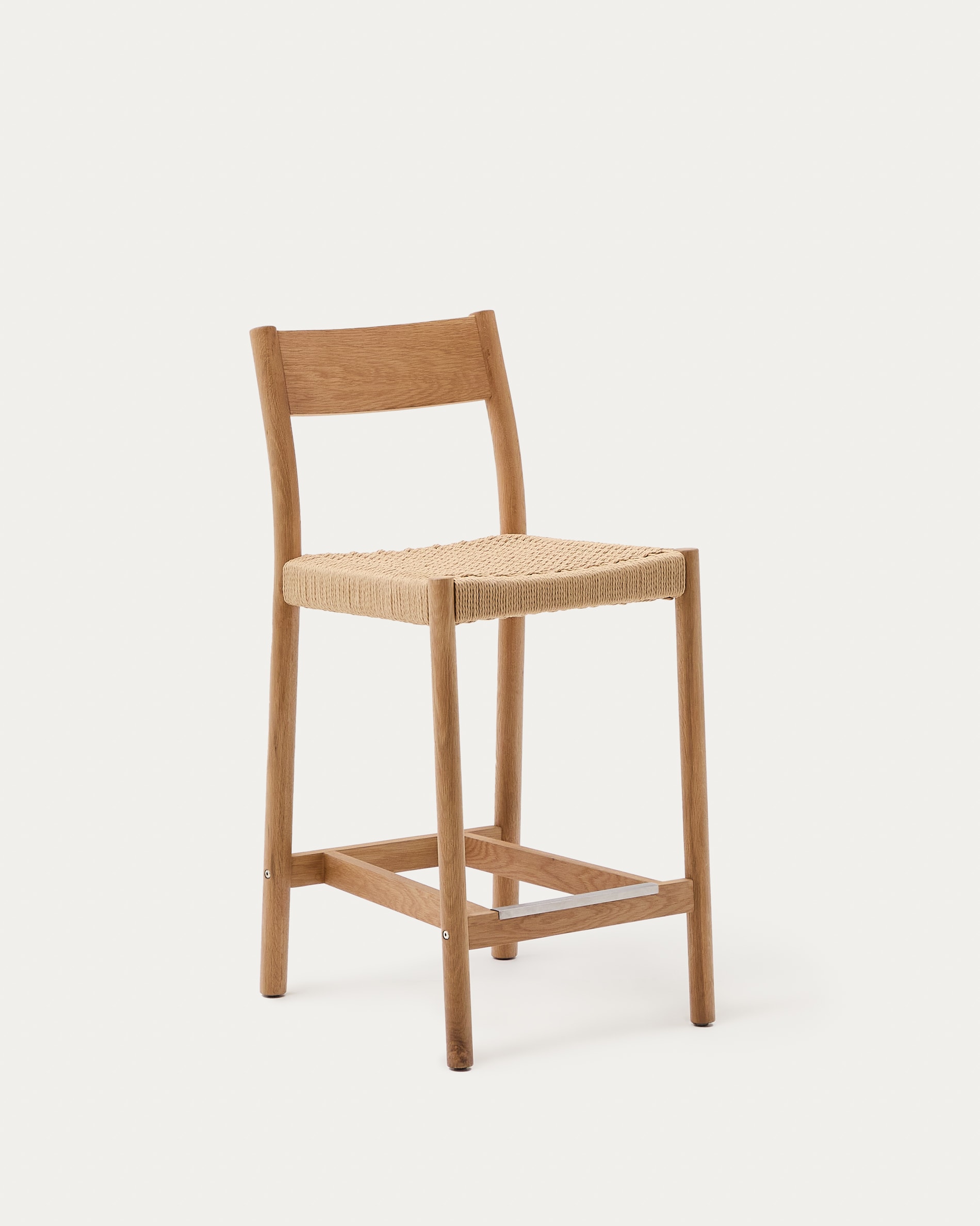 Yalia stool with a backrest in solid oak wood in a natural finish, and rope cord seat, 65 cm 100% FSC