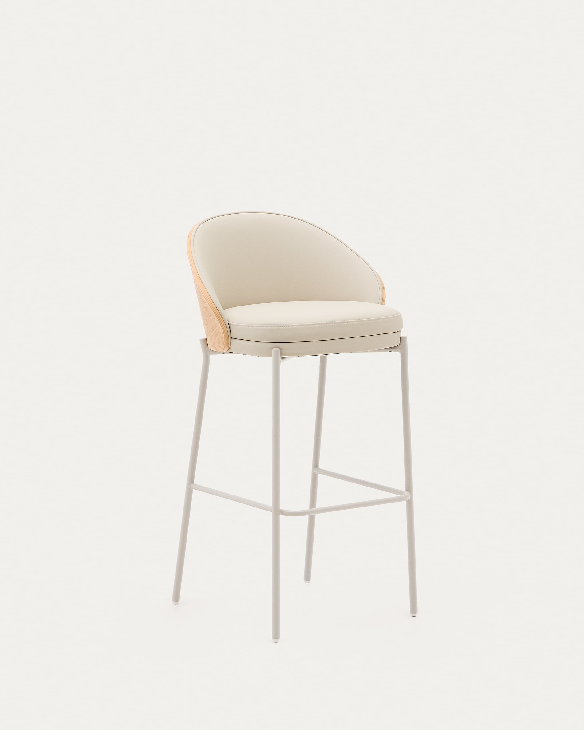 Eamy stool in beige polyurethane, ash veneer natural finish and beige metal 77 cm