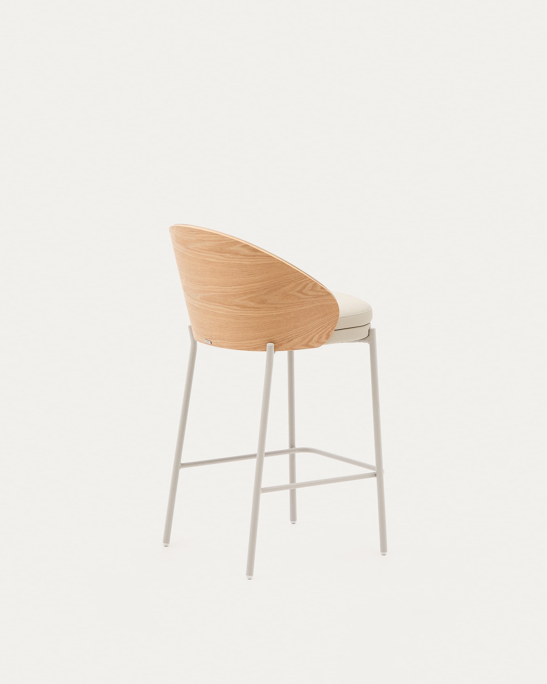 Eamy stool in beige polyurethane, ash veneer natural finish and beige metal 65 cm
