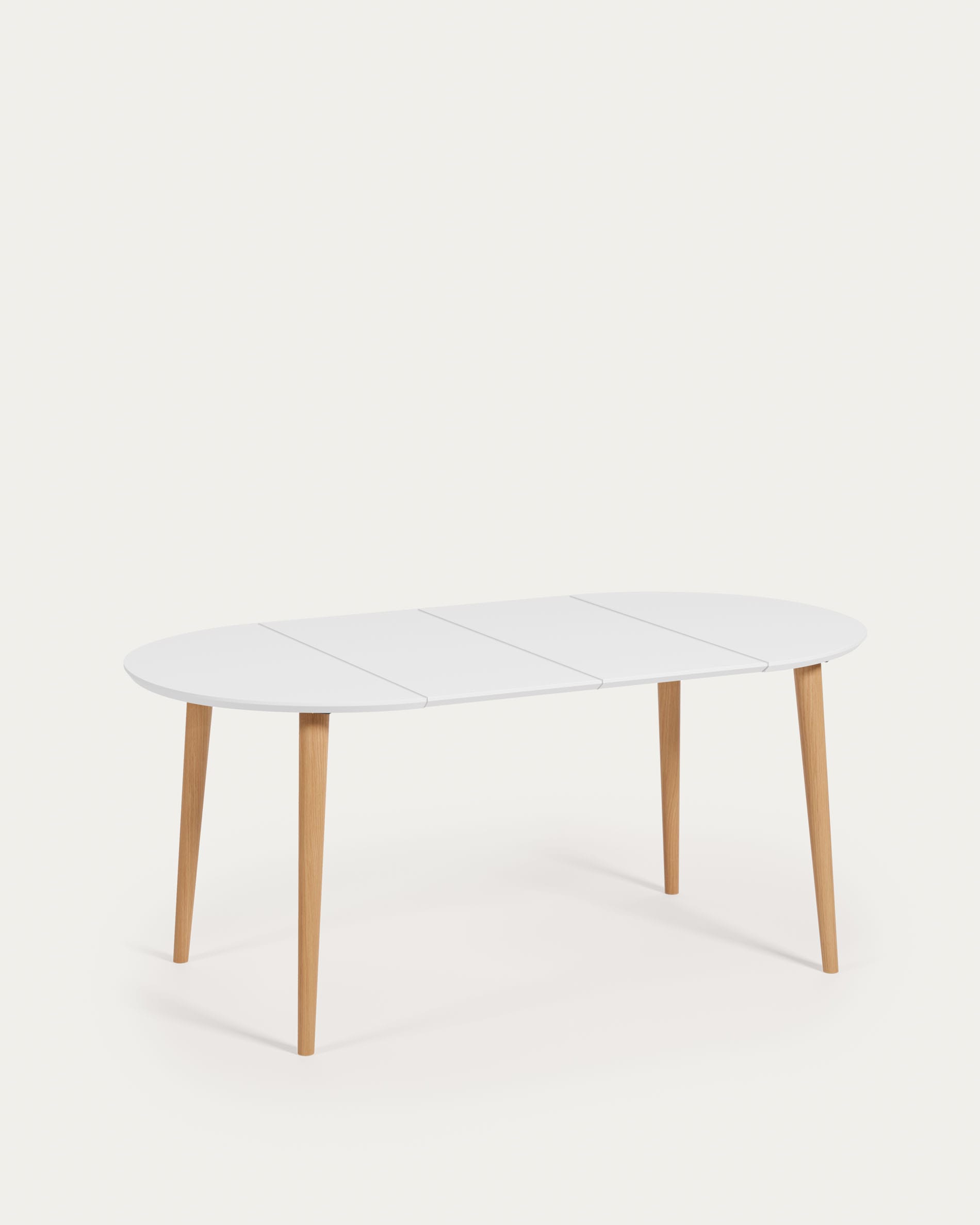 Oqui extendable round table in MDF with white lacquer and solid beech wood legs, 90 (170) x 90 cm