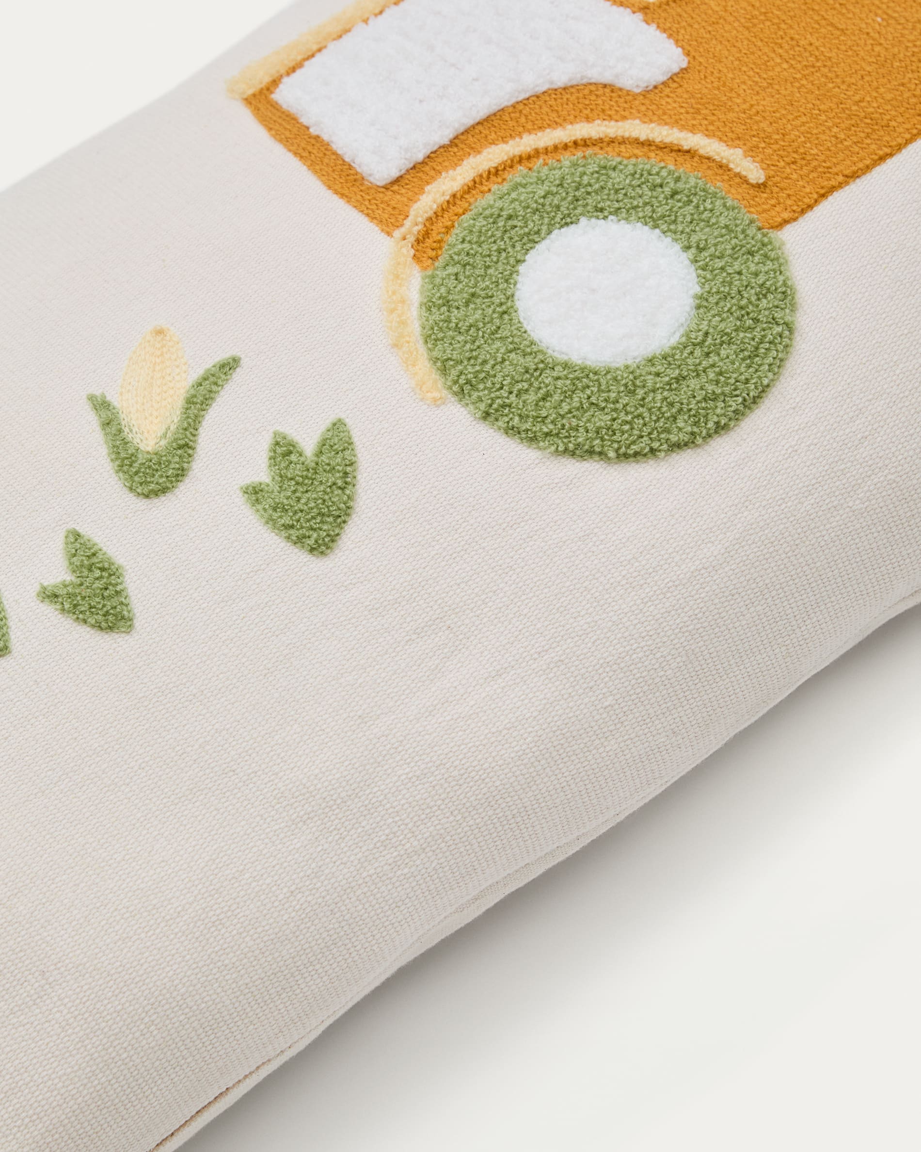 Pecky cushion cover in beige cotton with a tractor embroidery feature, 30 x 50 cm