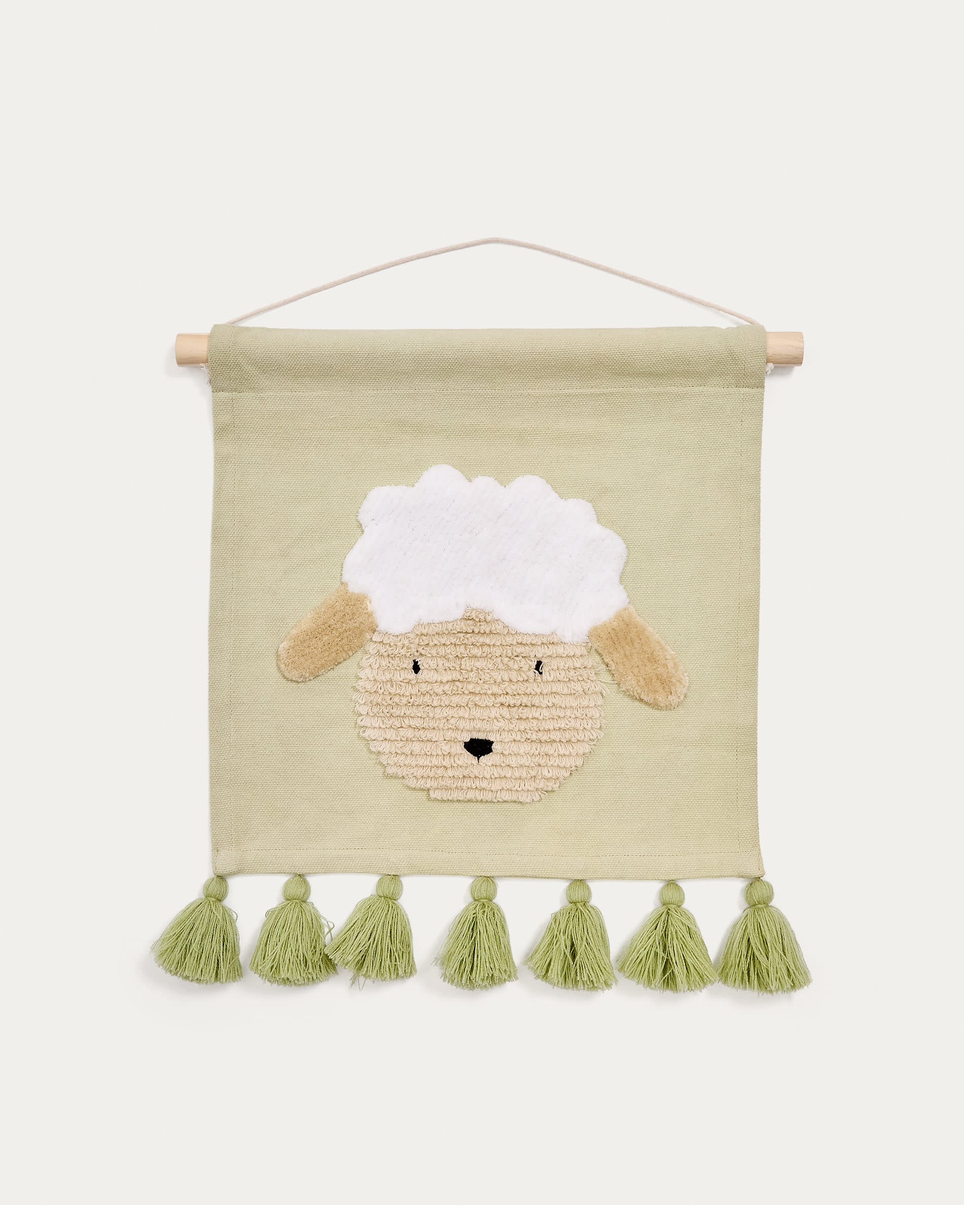 Milu wall tapestry in green cotton with a sheep and green tassels