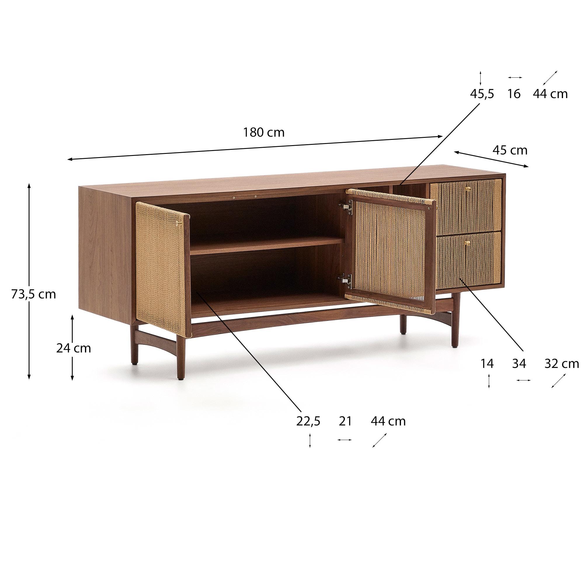 Elan sideboard 2 doors and 2 drawers veneer and solid walnut and cord 180x73cm FSC Mix Credit