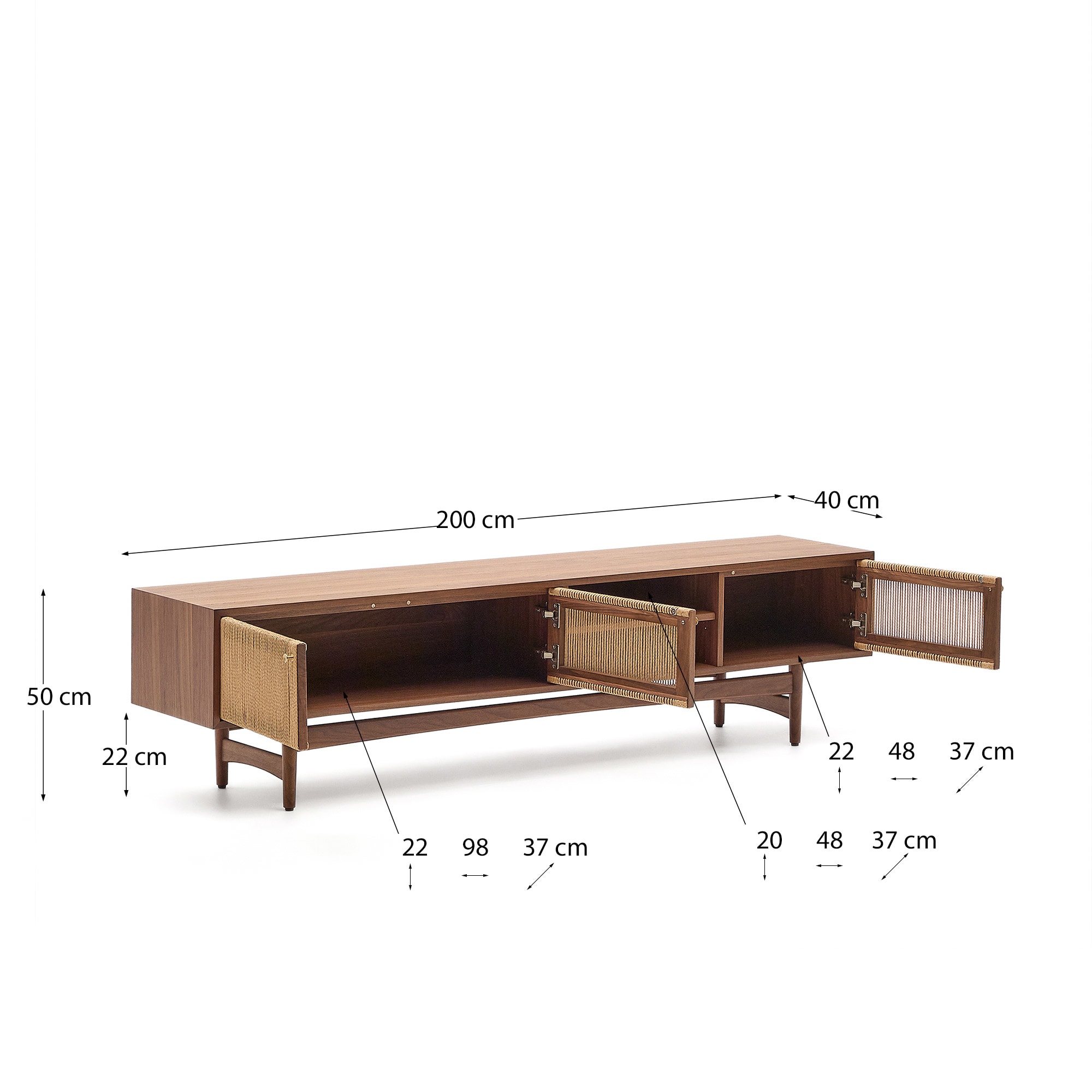 Elan TV cabinet 3 doors veneer and solid walnut and cord 200 x 50 cm FSC Mix Credit