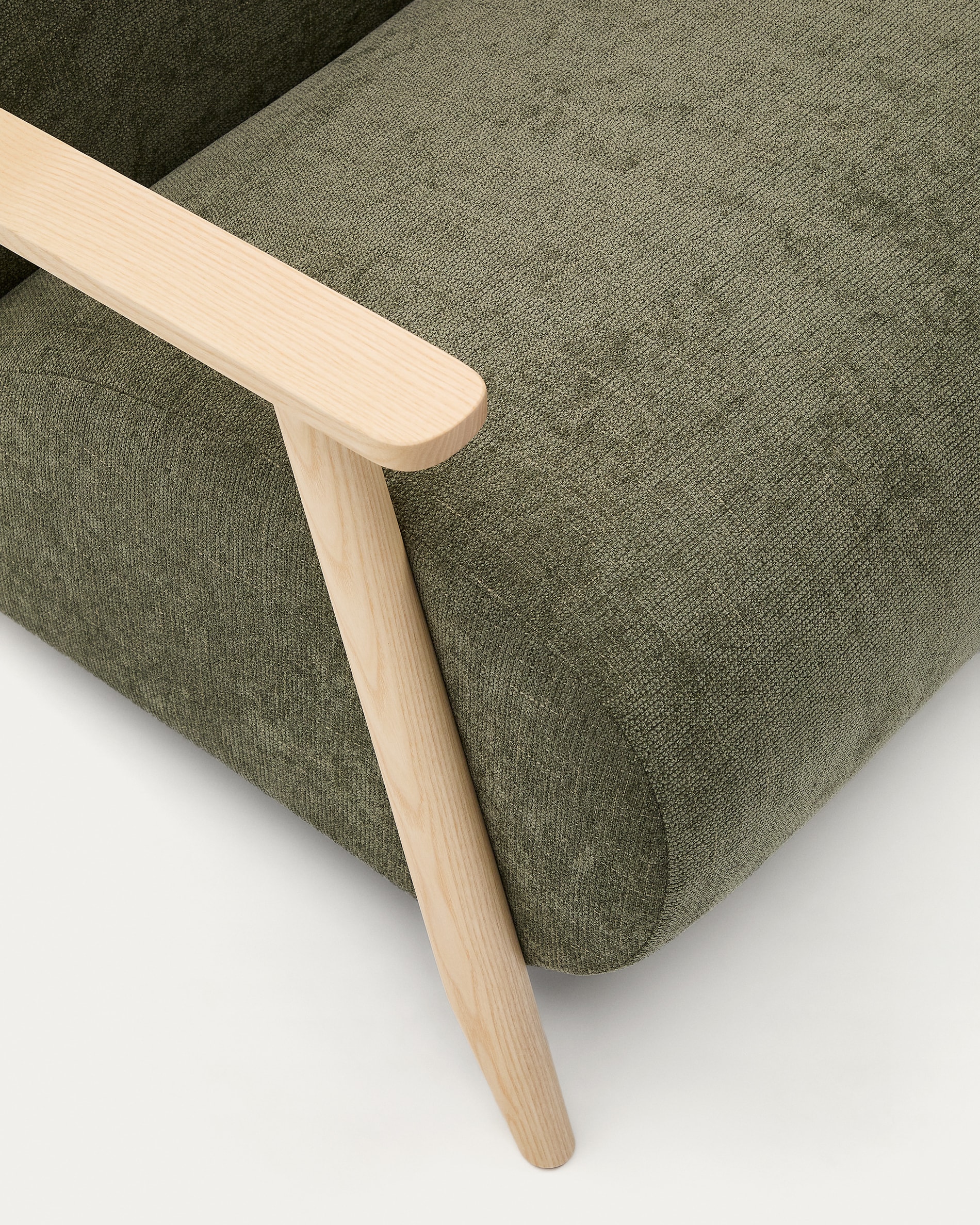 Meghan armchair in green chenille and with solid beech wood in a natural finish FSC Mix Credit