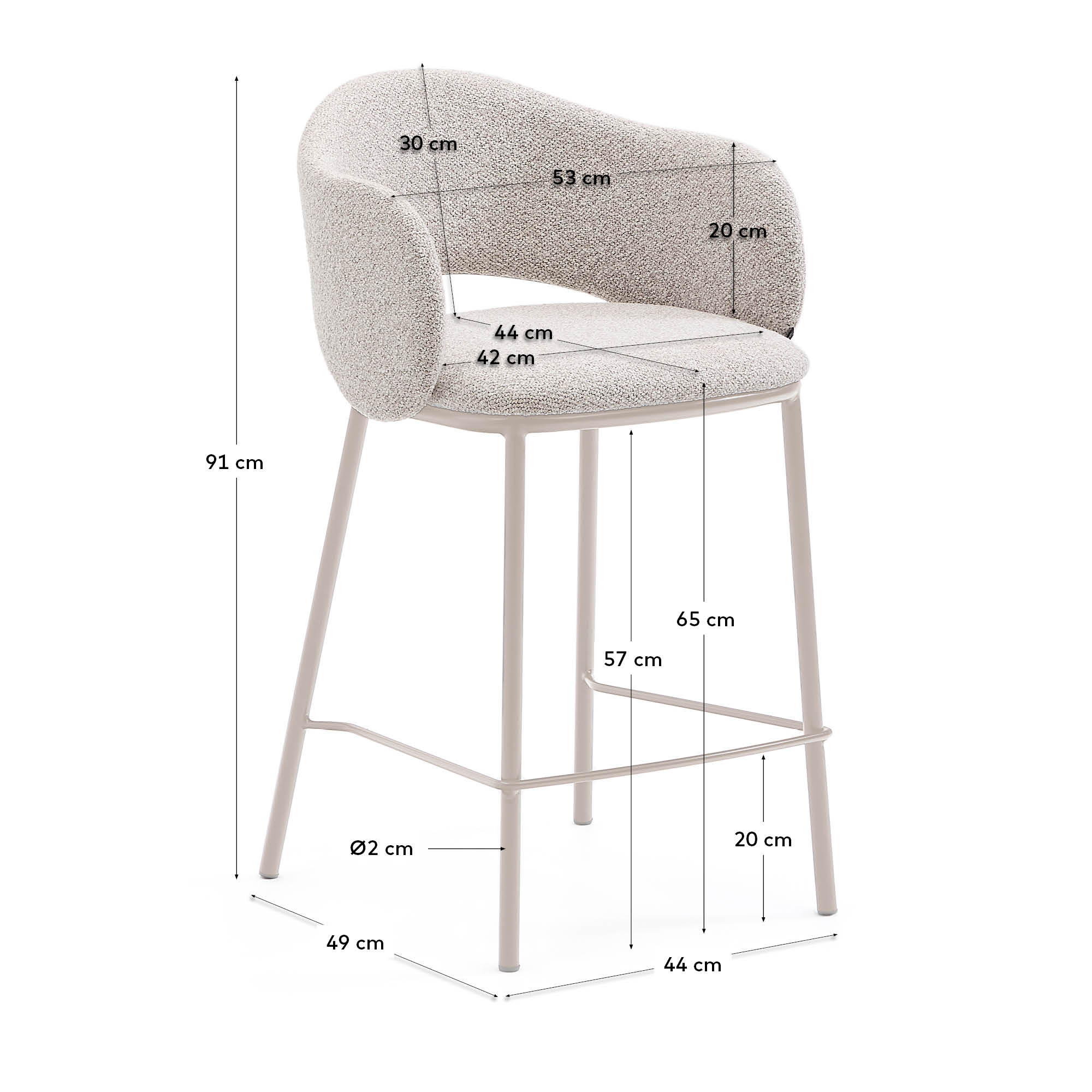 Maina stool in thick beige chenille and steel legs in a beige finish, FSC Mix Credit, 65 cm