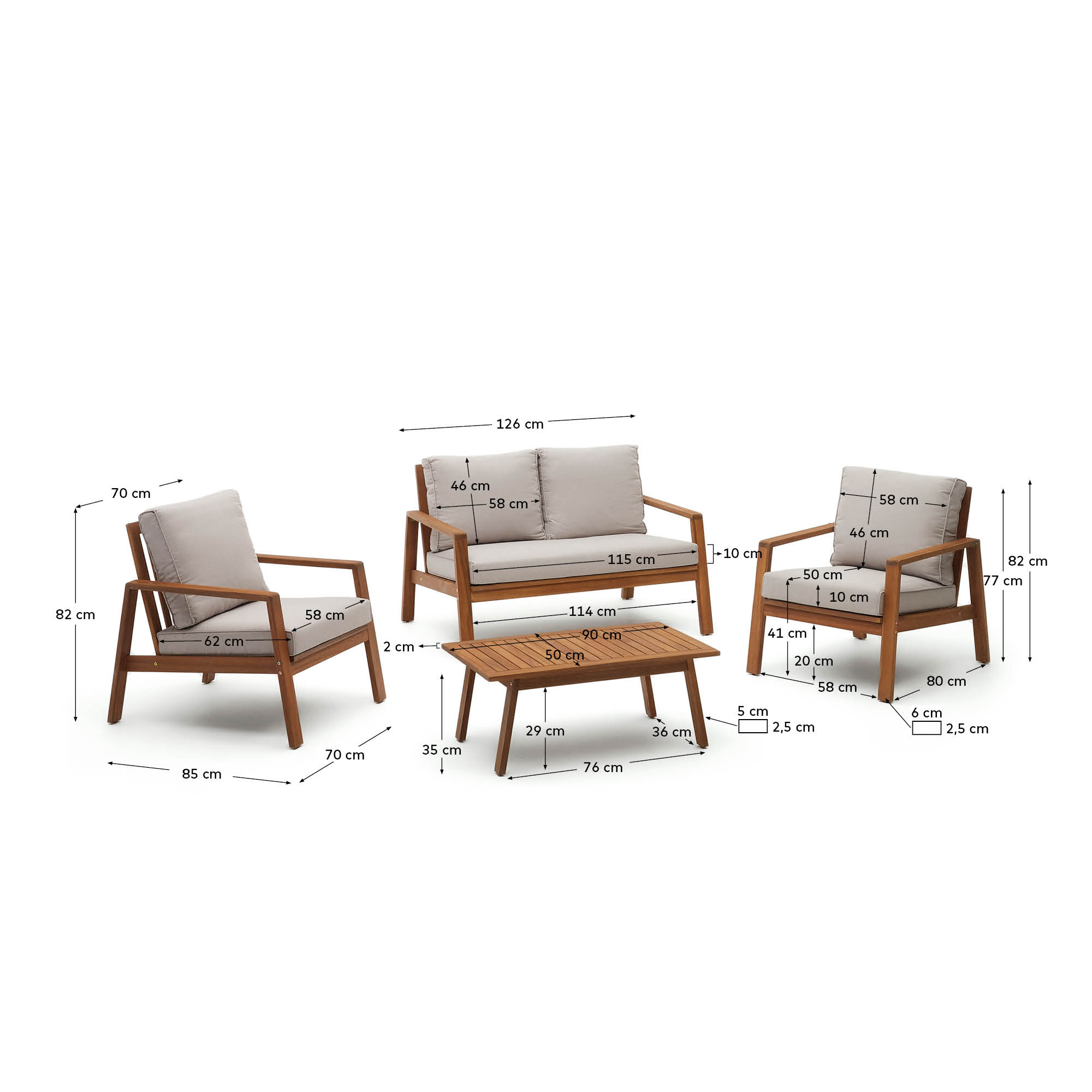 Frares set, 2 seater sofa, 2 armchairs & coffee table, made from solid acacia wood