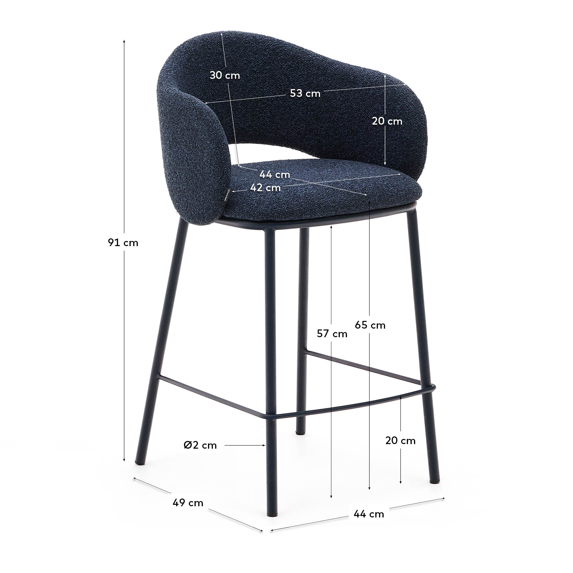 Maina stool in blue chenille and steel legs with blue finish FSC Mix Credit 65 cm