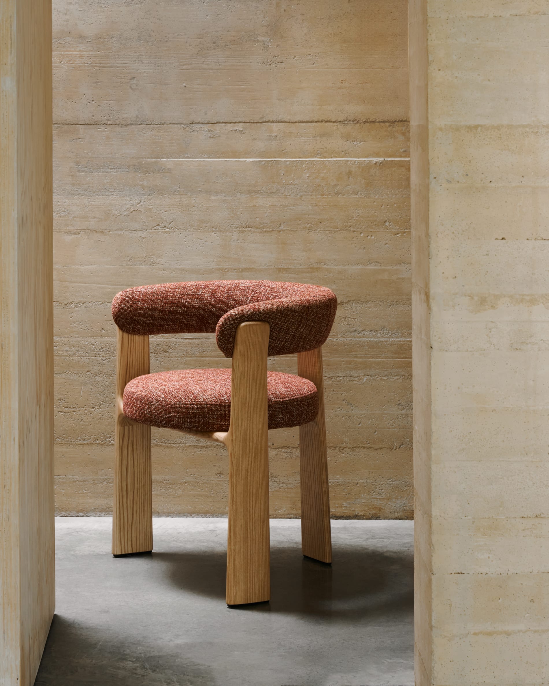 Granite 3-legged chair terracotta chenille and solid ash wood in a natural tone finish FSC 100%