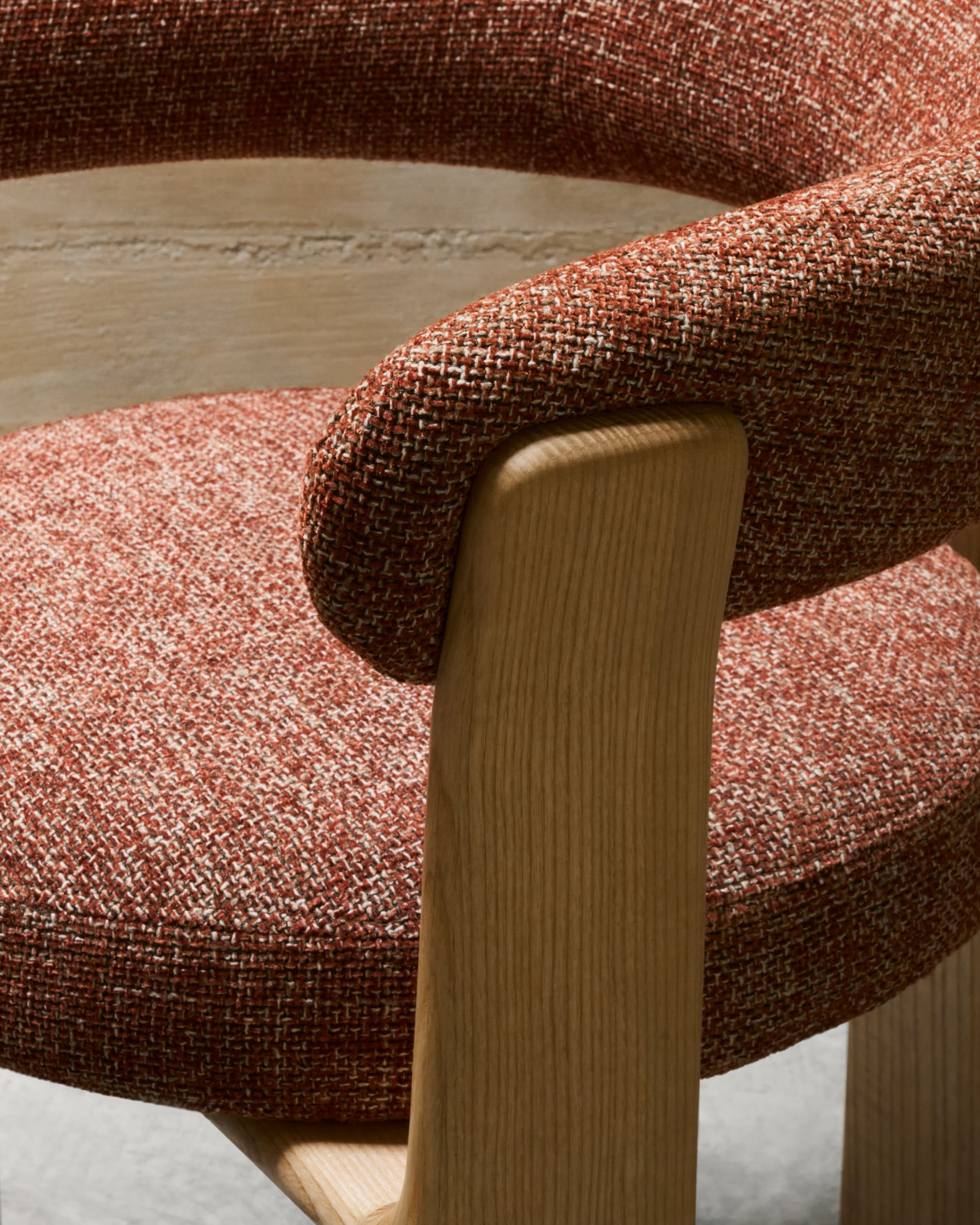 Granite 3-legged chair terracotta chenille and solid ash wood in a natural tone finish FSC 100%
