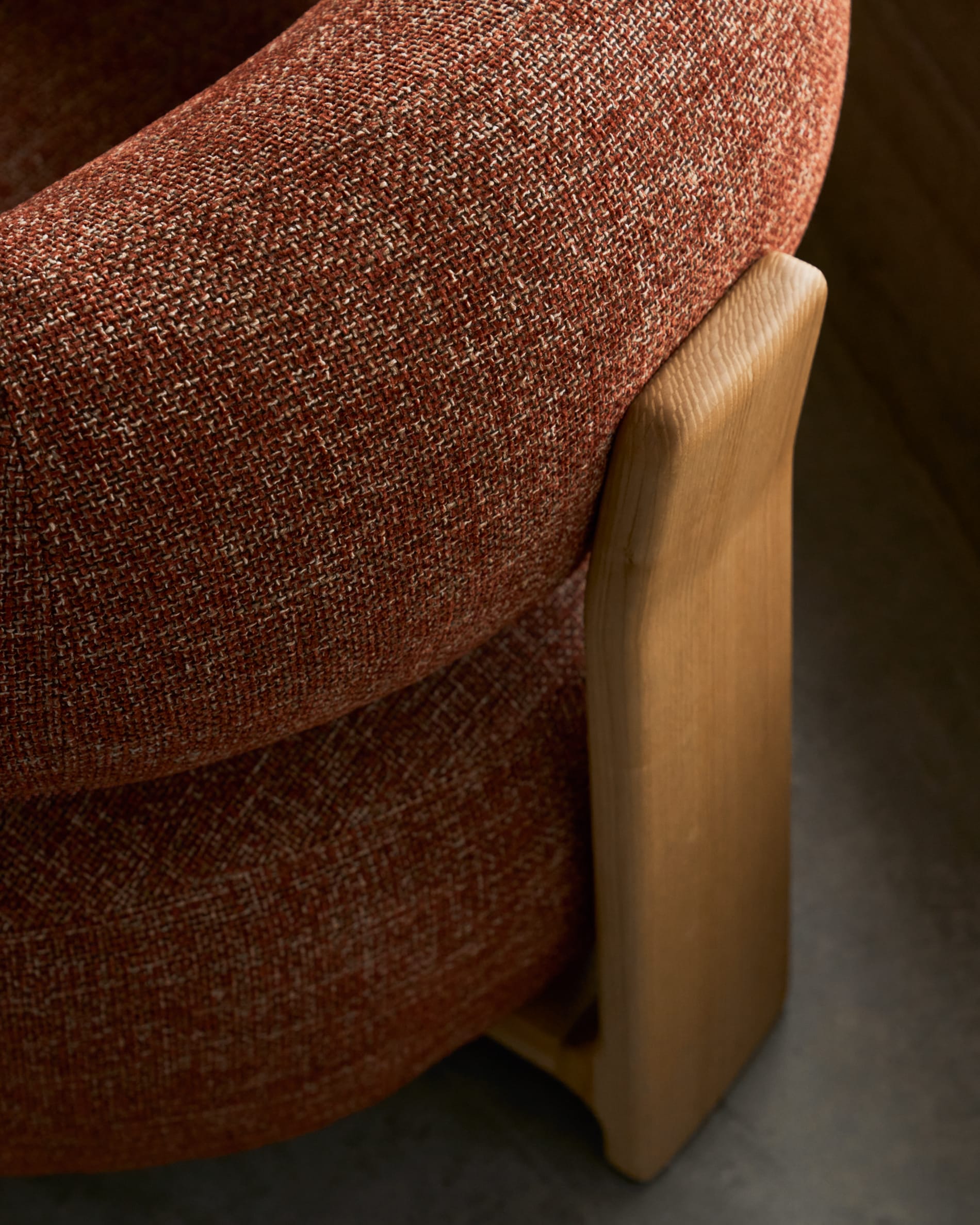 Granite fire-retardant armchair in terracotta chenille and solid ash wood with natural-coloured finish FSC 100%