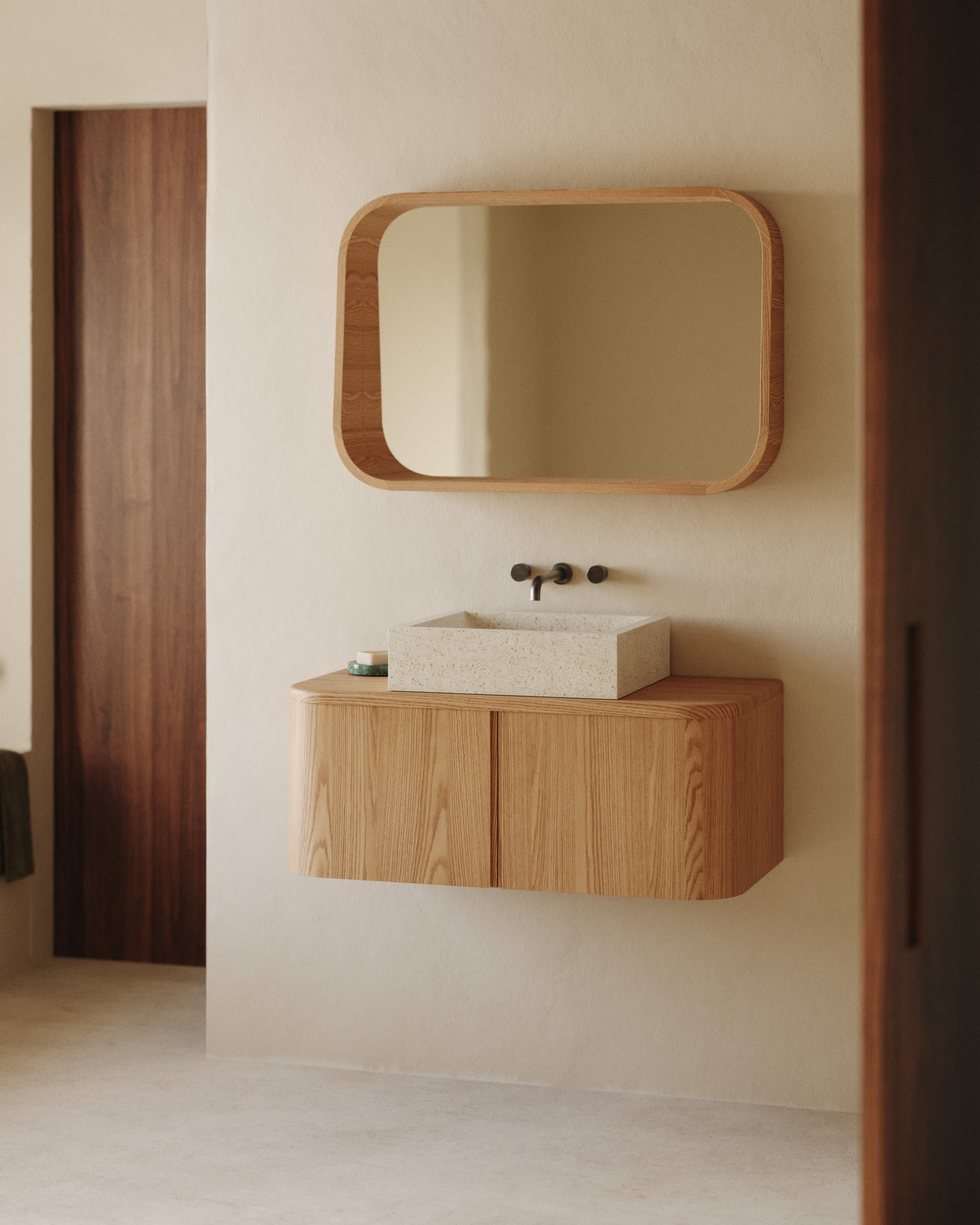 Salaya ash laminated plywood framed mirror in a natural finish, 90 x 60 cm