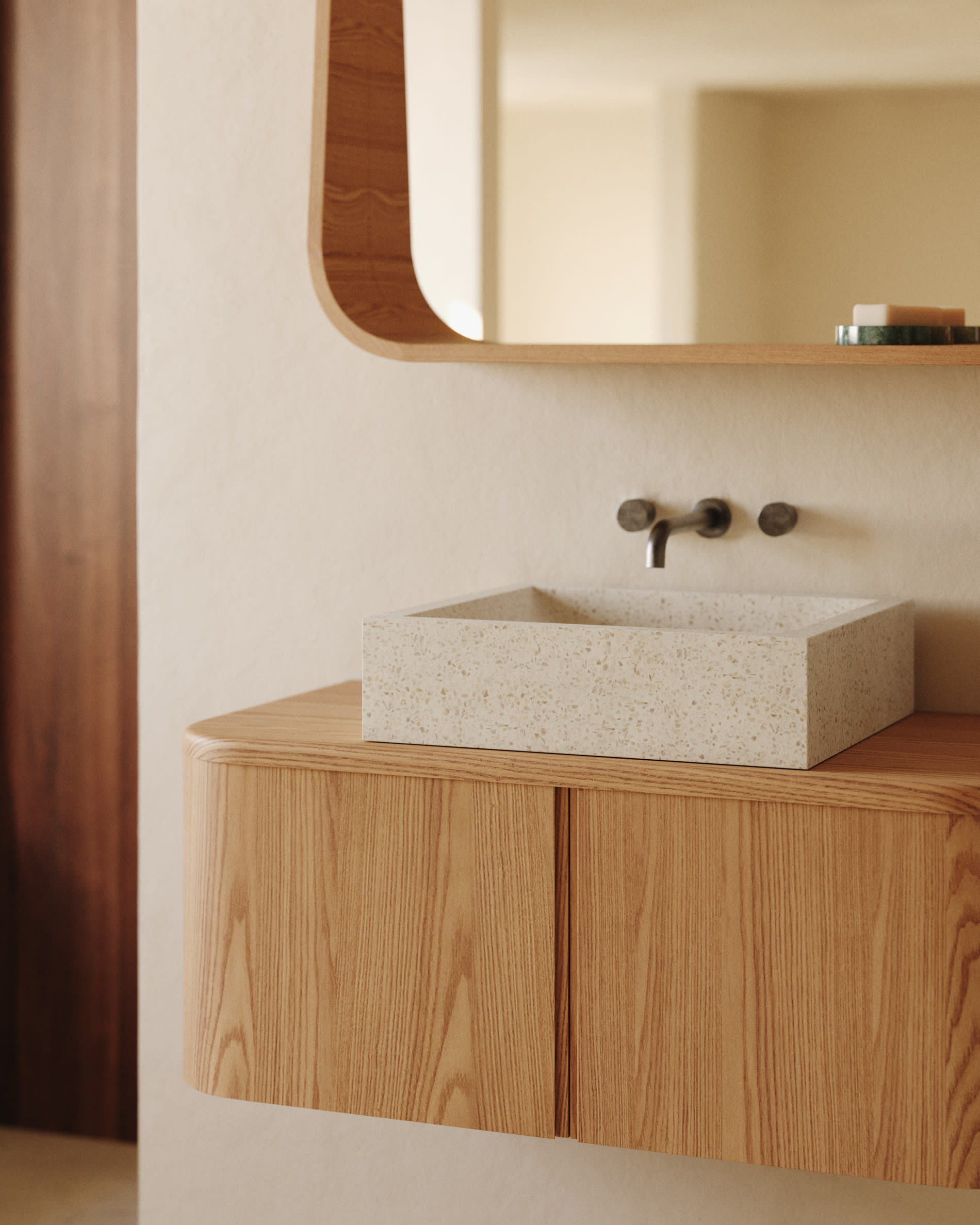 Salaya ash laminated plywood bathroom cupboard in a natural finish, 90 x 45 cm