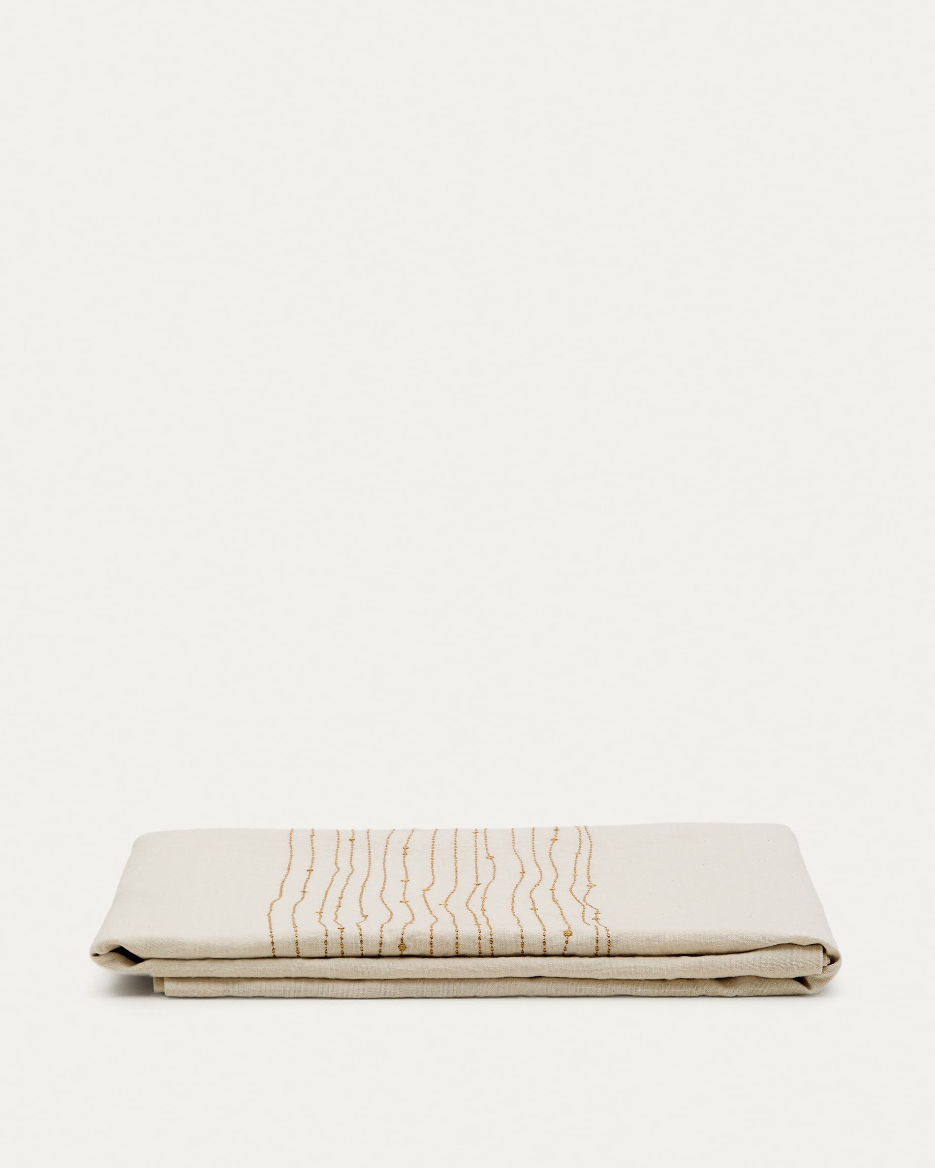 Flia white linen and cotton tablecloth gold-coloured lurex embroidered detail, 150 x 250 cm
