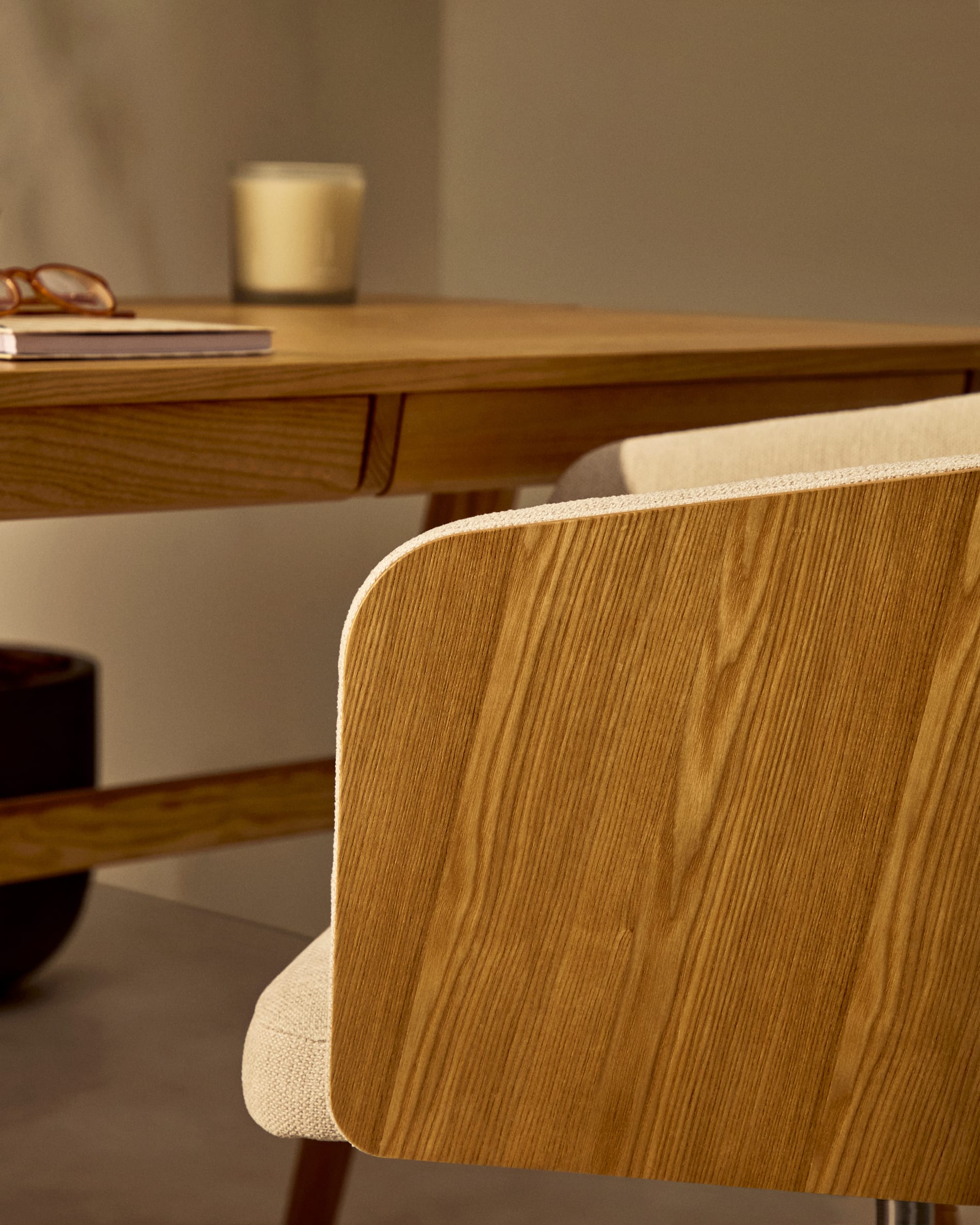 Madai desk chair in beige chenille and ash veneer with natural tone finish FSC Mix Credit