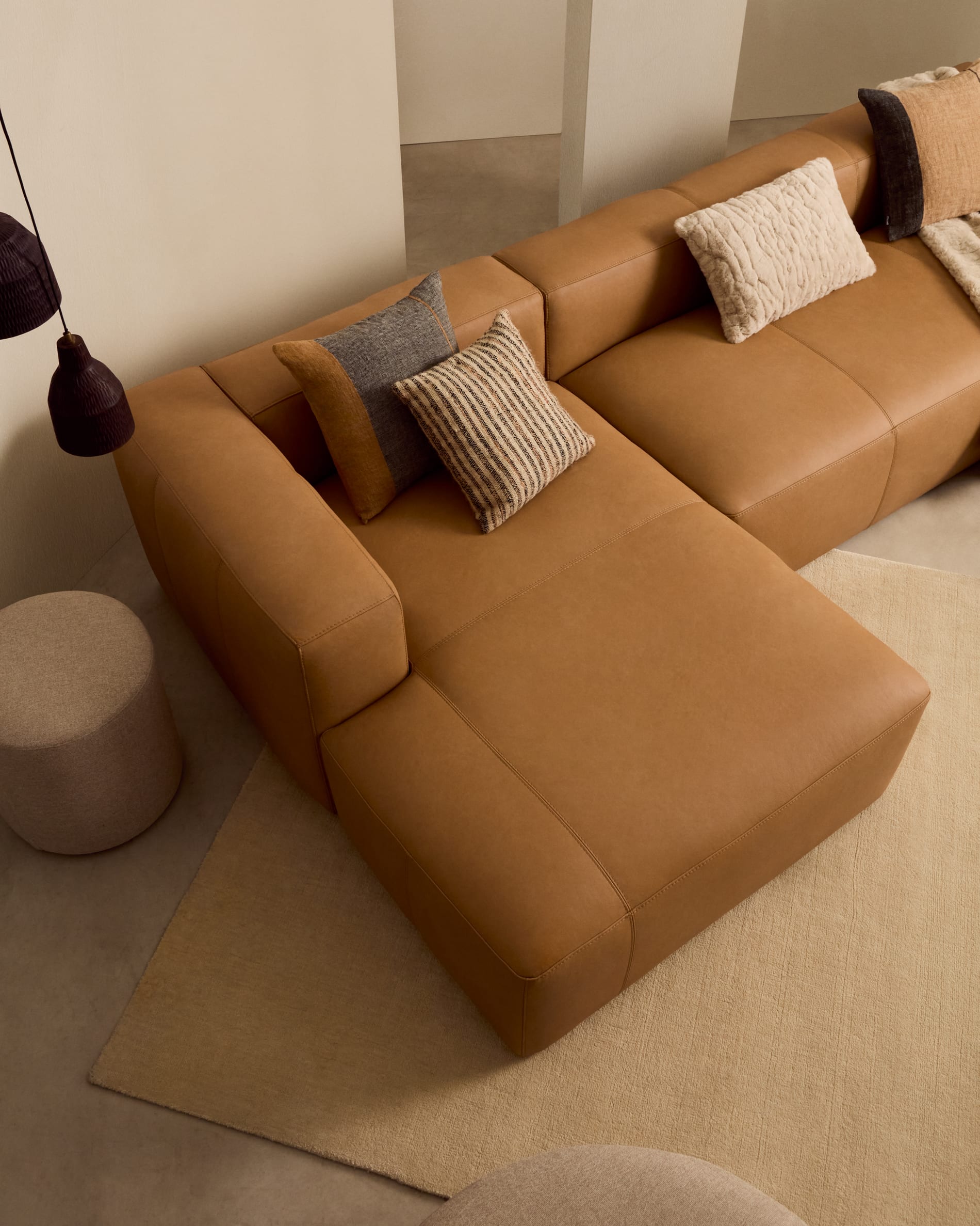 Blok brown leather 4-seater sofa, left chaise longue 330 cm