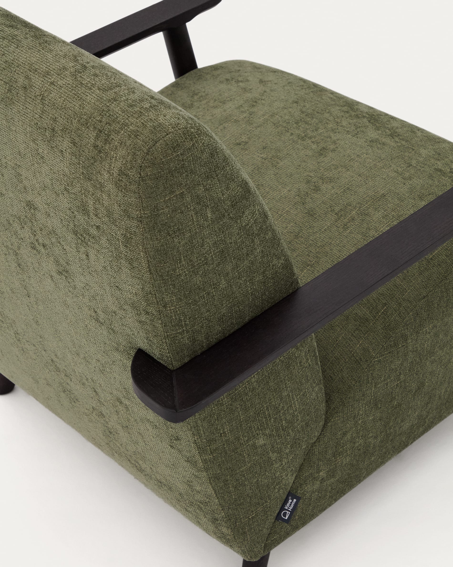 Meghan armchair in green chenille and with solid beech wood in a wenge finish FSC Mix Credit