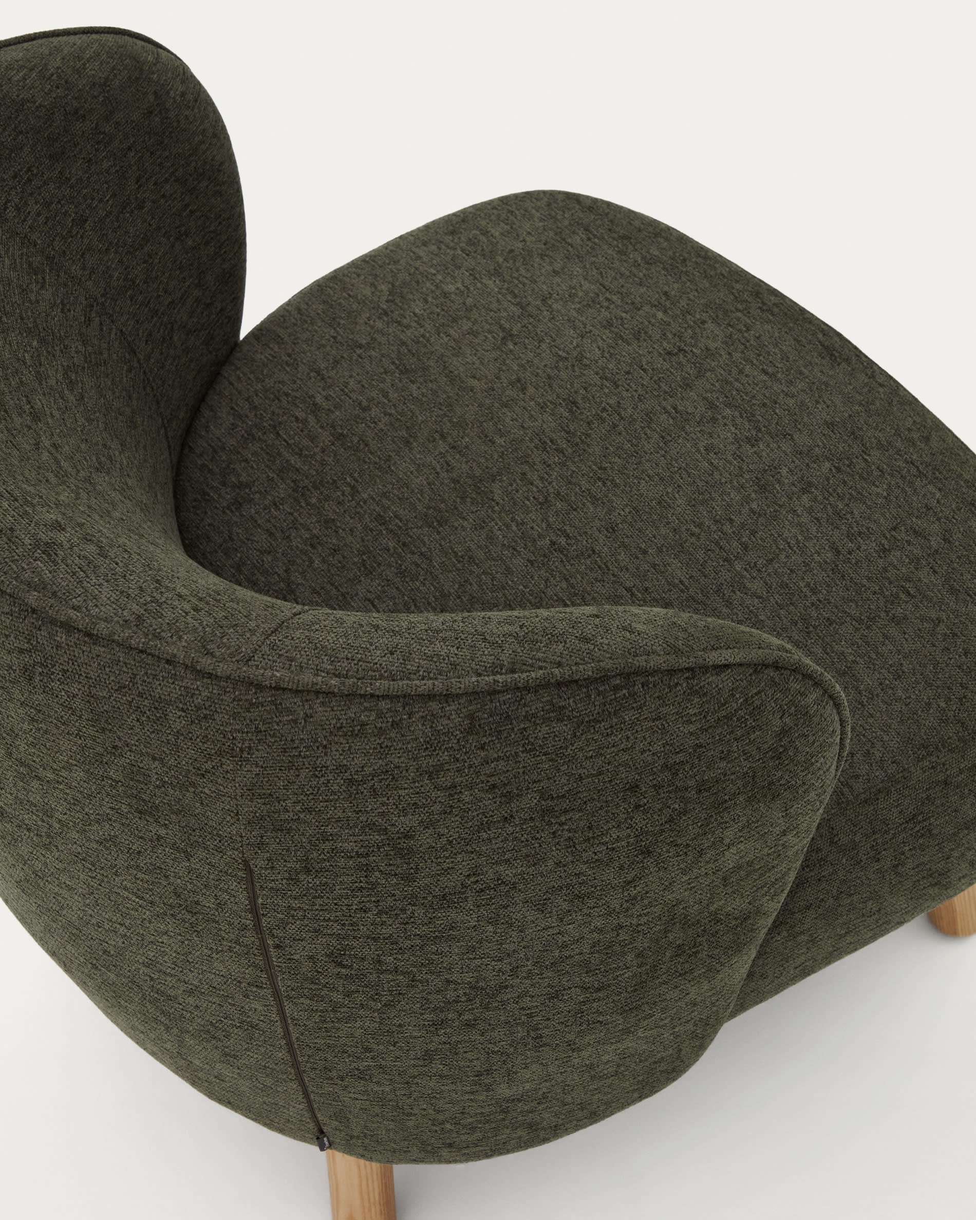 Ulit armchair in green chenille with solid ash wood legs in a natural finish