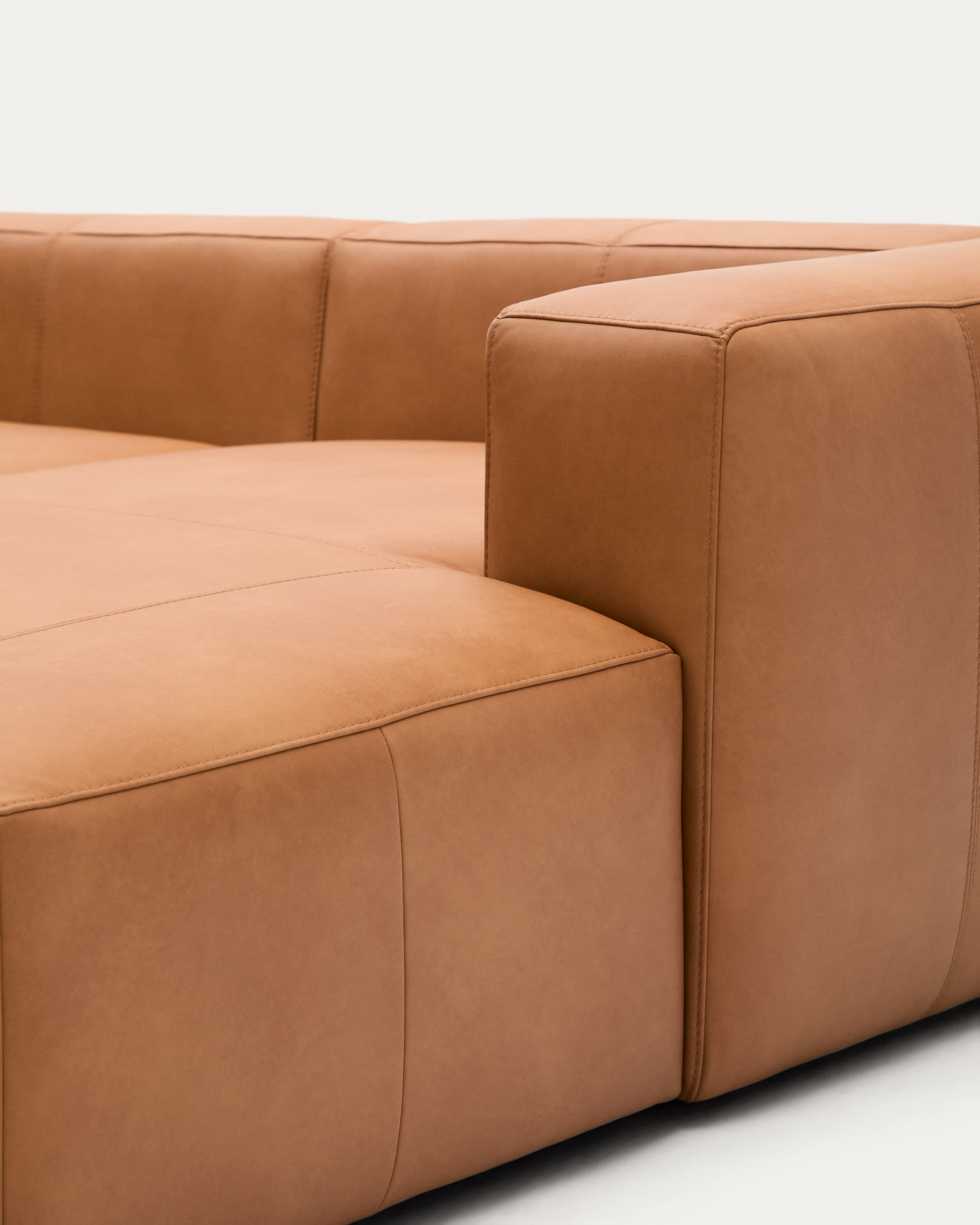 Blok brown leather 3-seater sofa, left chaise longue 300 cm
