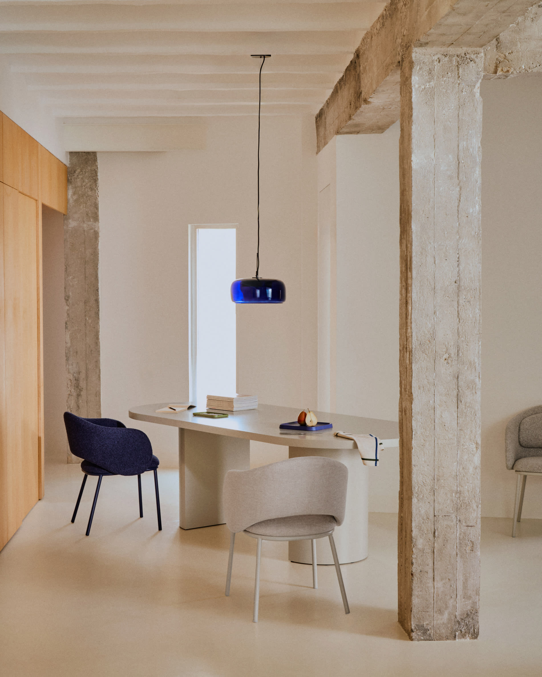 Maina chair in thick blue chenille and steel legs with blue finish FSC Mix Credit