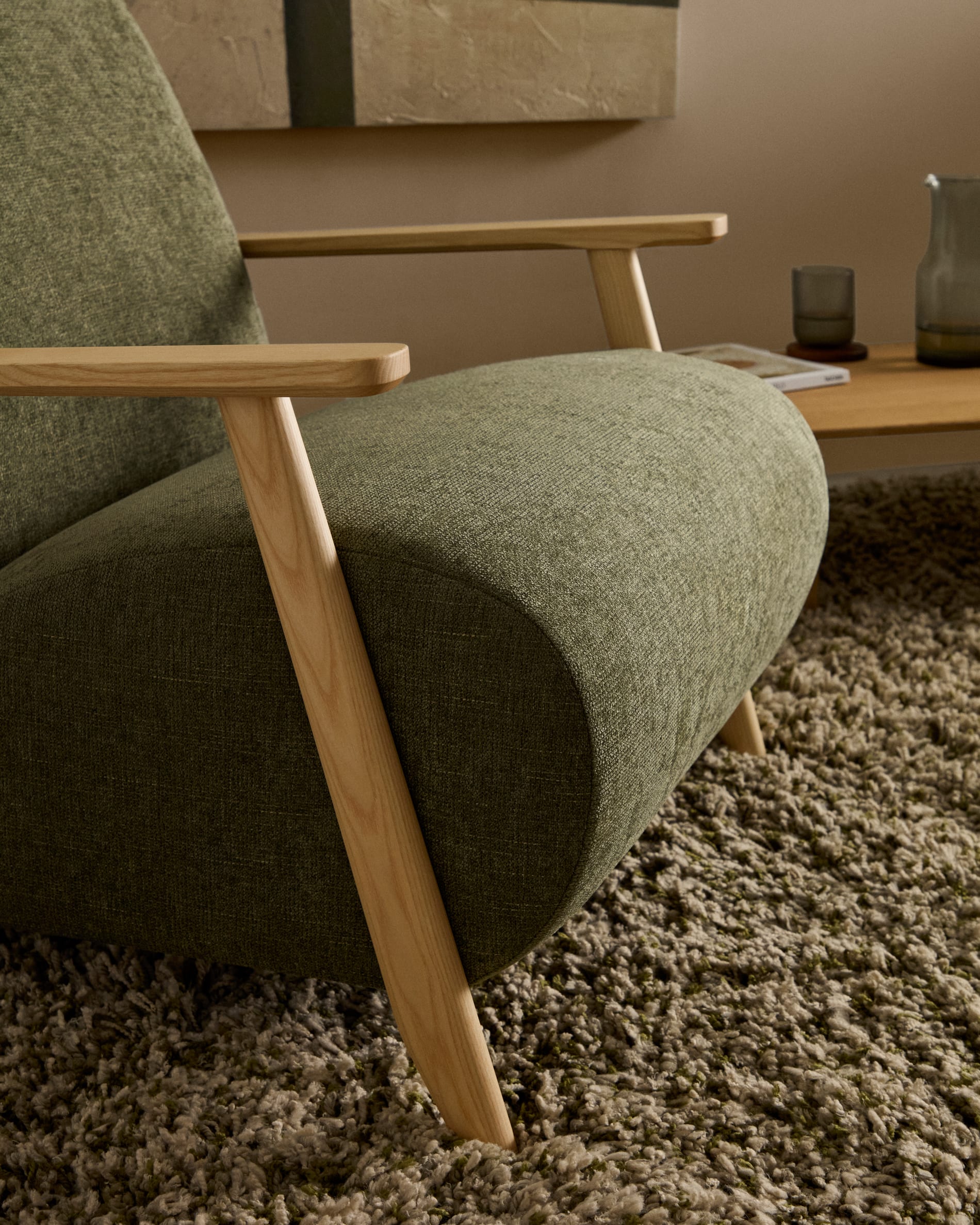 Meghan armchair in green chenille and with solid beech wood in a natural finish FSC Mix Credit