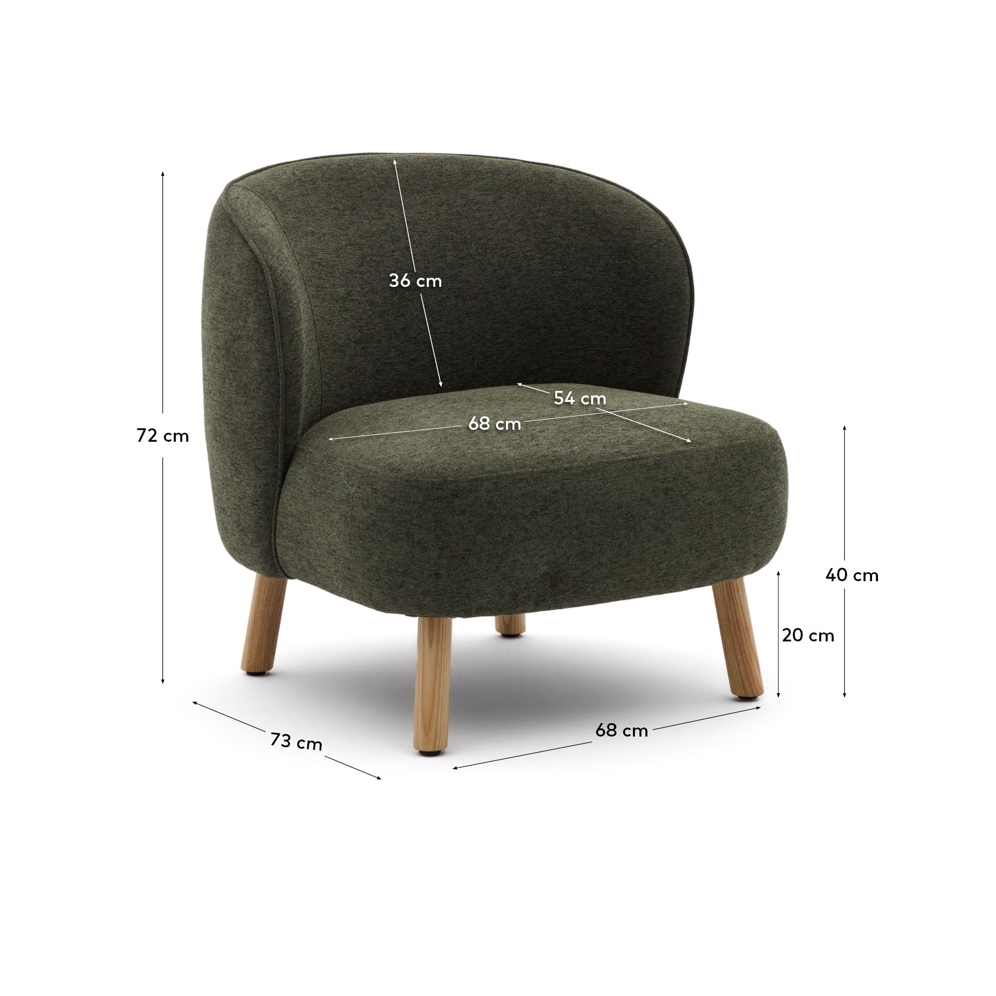 Ulit armchair in green chenille with solid ash wood legs in a natural finish