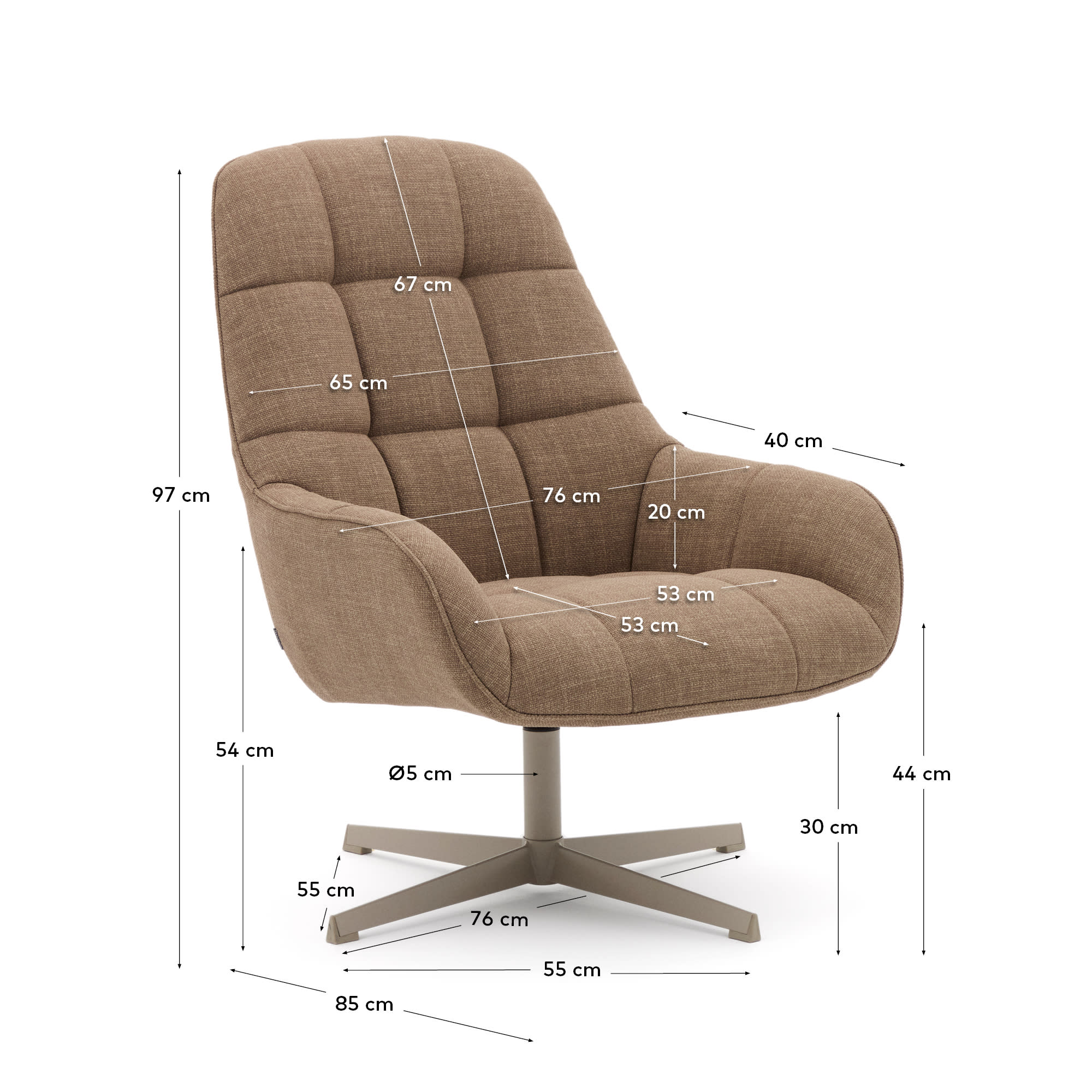 Jaspe light brown swivel armchair with grey-finished metal, FSC 100%