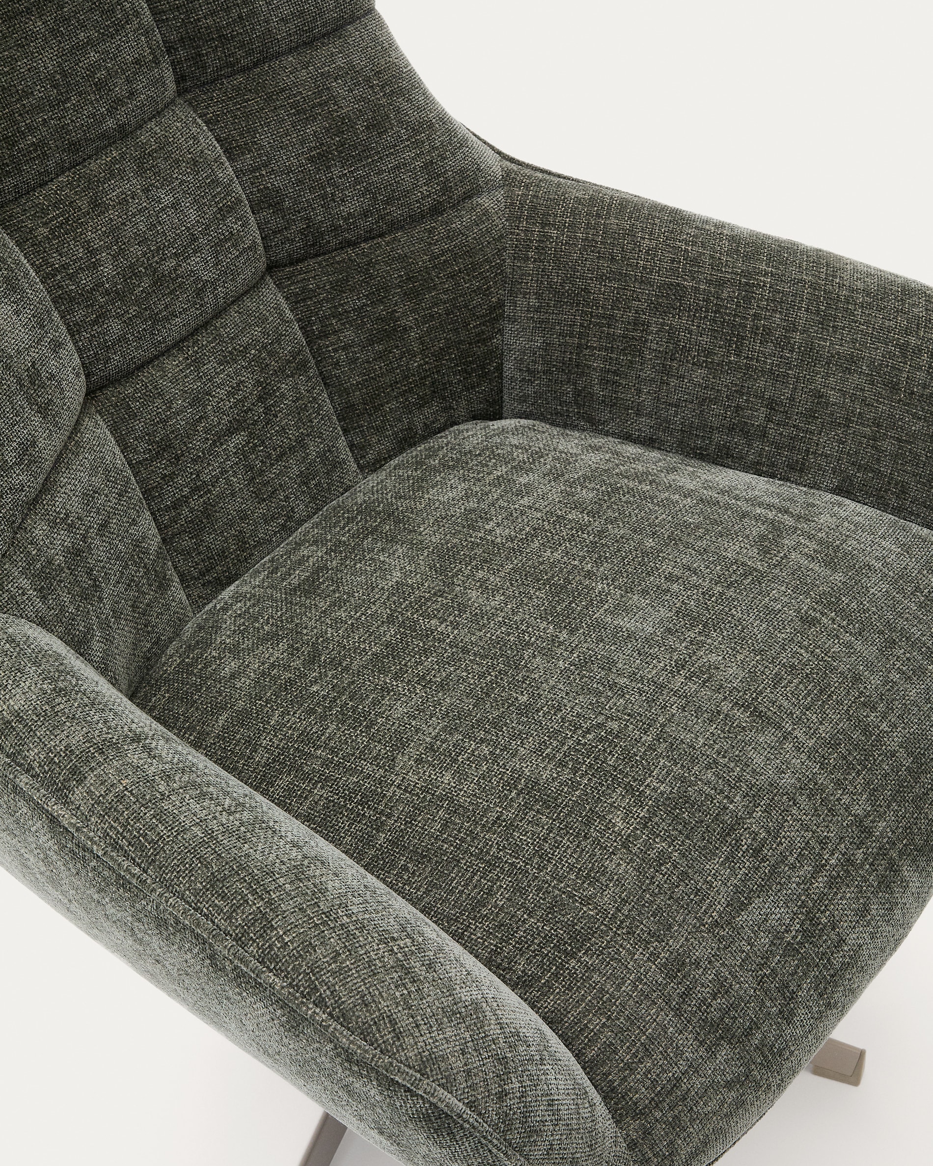 Teryl swivel green chenille armchair with grey-finished metal, FSC 100%