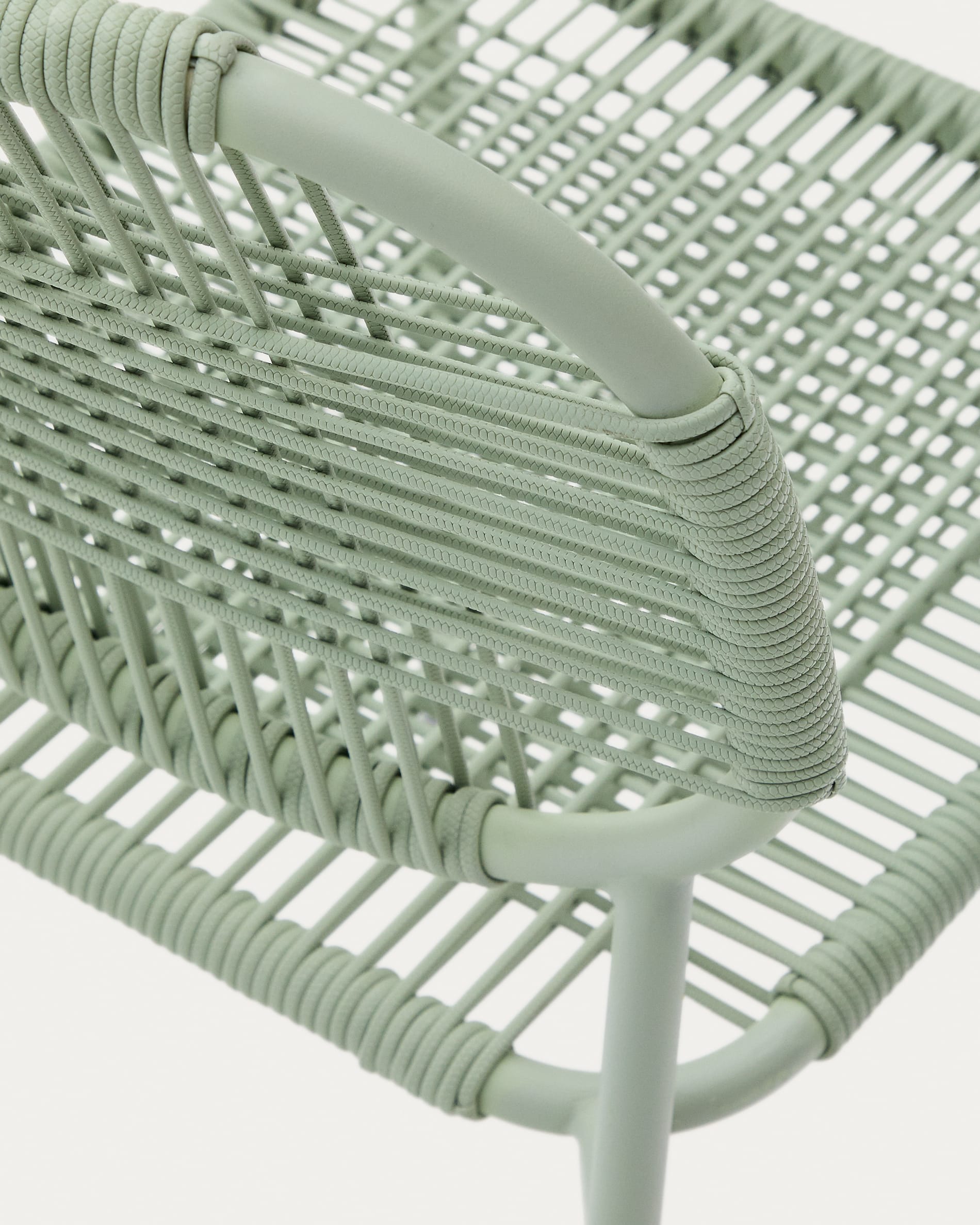 Talaier stackable outdoor chair in synthetic rope and galvanised steel with turquoise finish