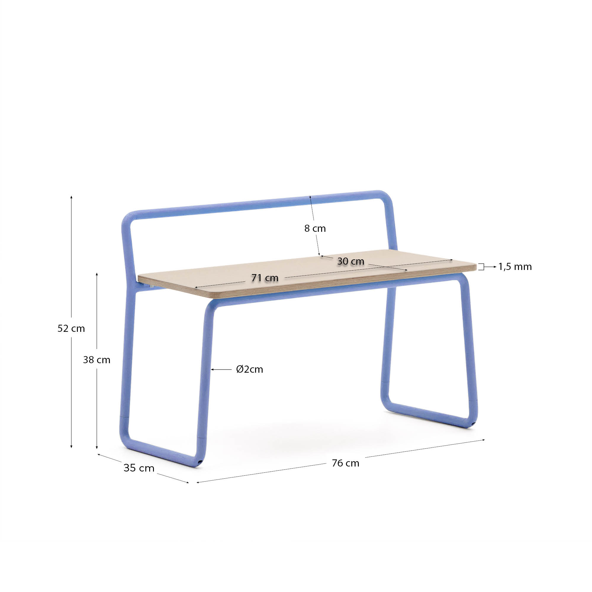 Tinn ash veneer bench with a blue metal structure, 75 cm
