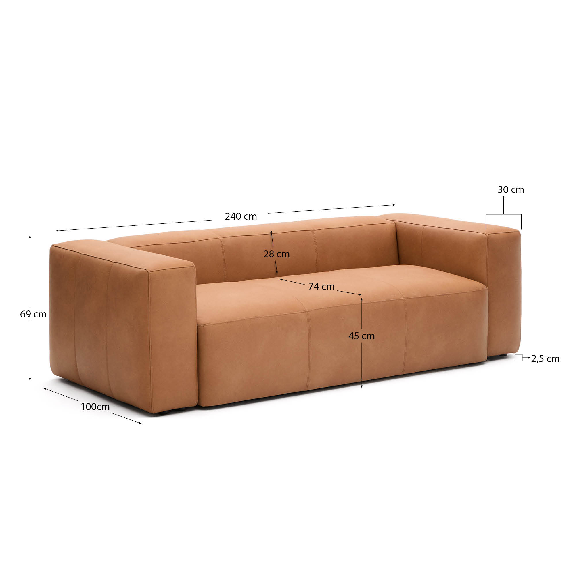 Blok brown leather 3-seater sofa 240 cm