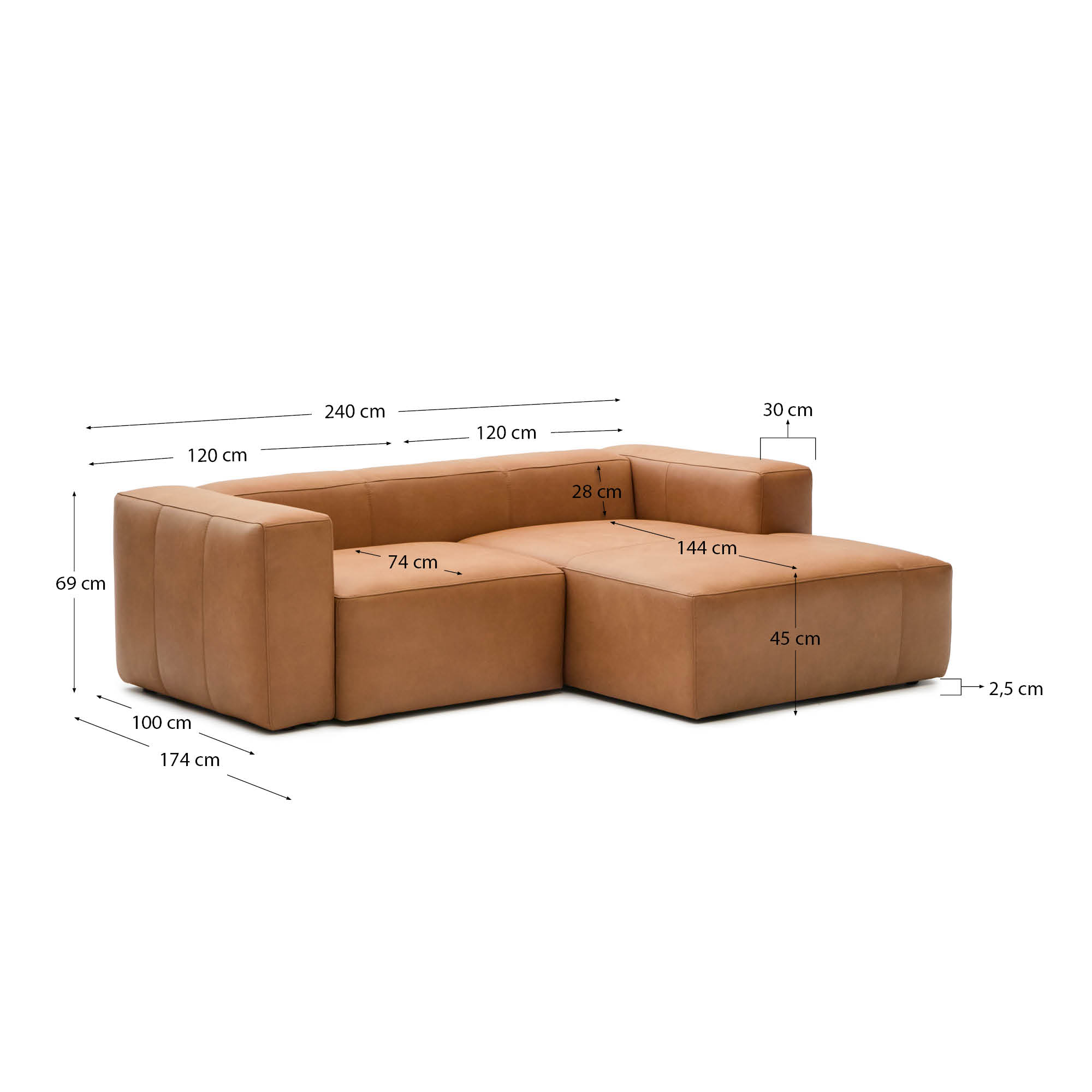 Blok brown leather 2-seater sofa, right chaise longue 240 cm