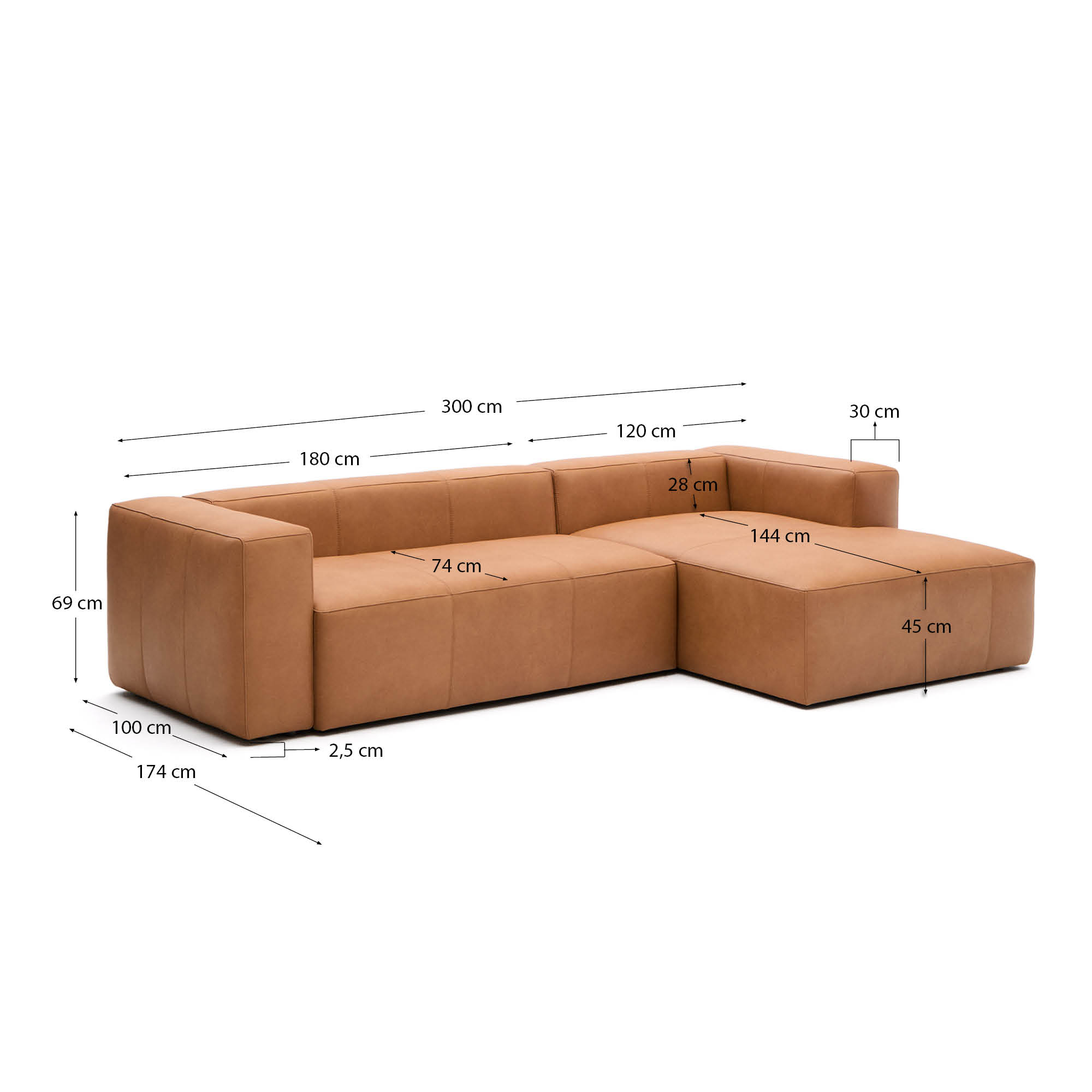 Blok brown leather 3-seater sofa, right chaise longue 300 cm