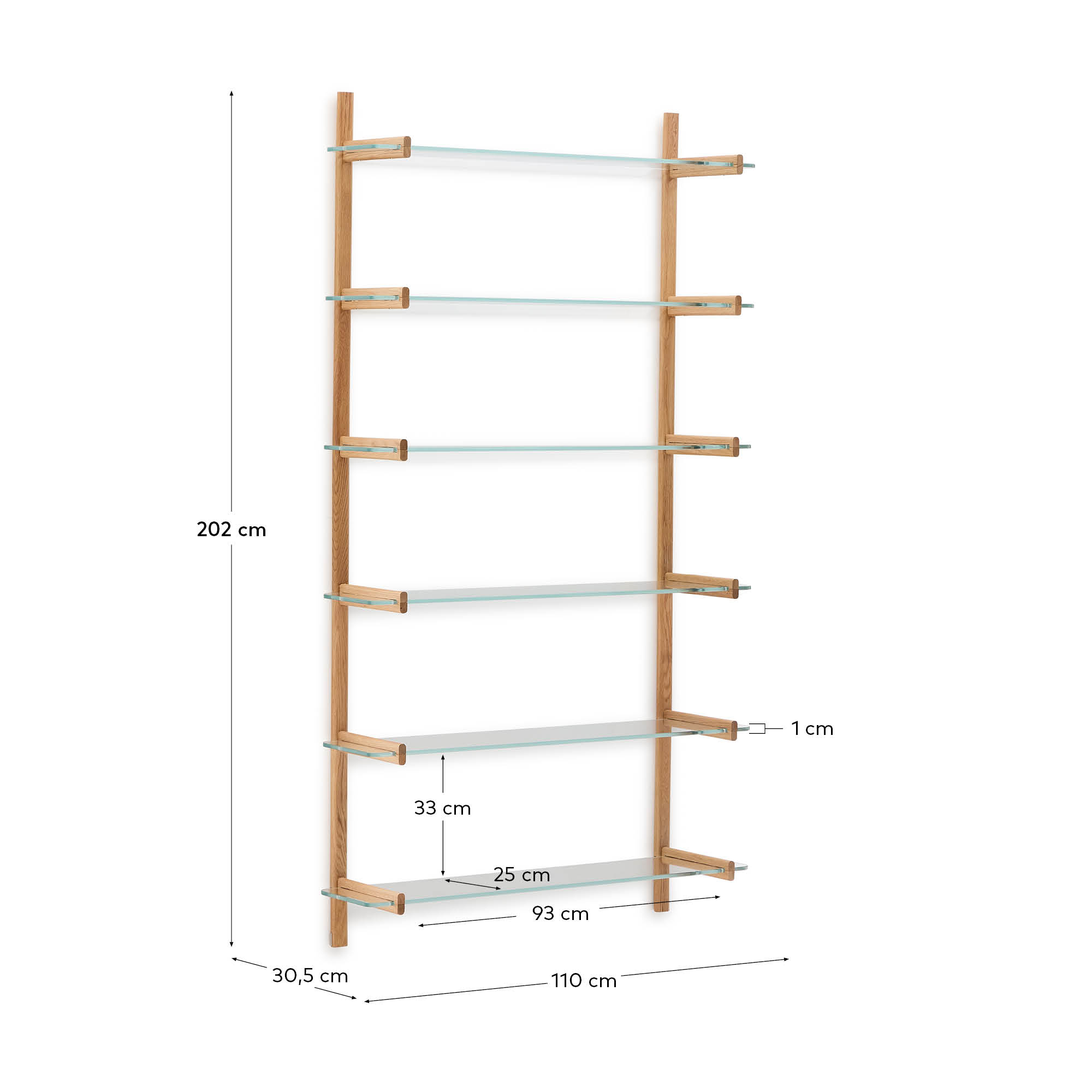 Sitra modular shelf, 6 glass shelves and FSC Mix Credit solid oak wood, 110 cm