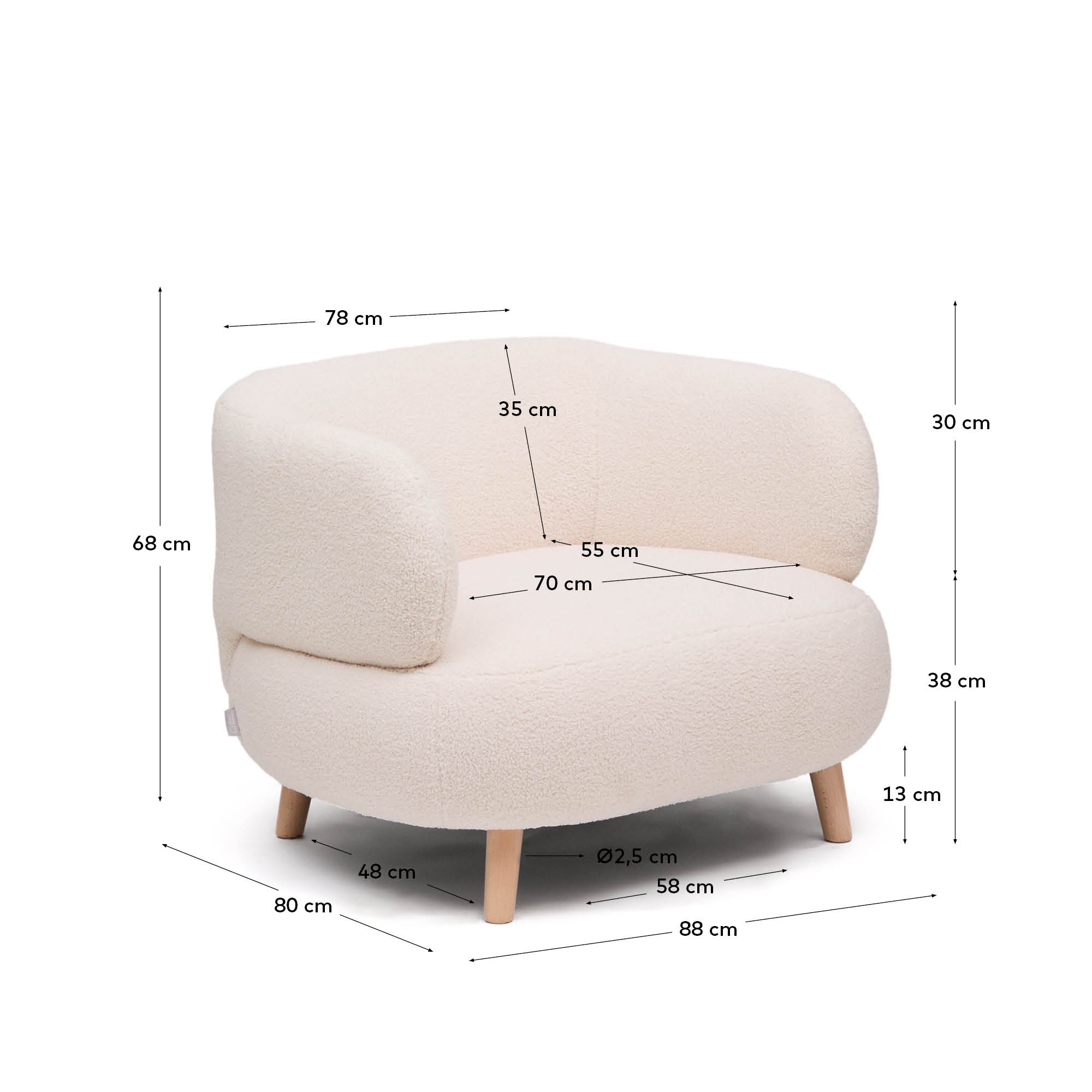 Luisa armchair in ecru boucle with solid beech wood legs 90 cm