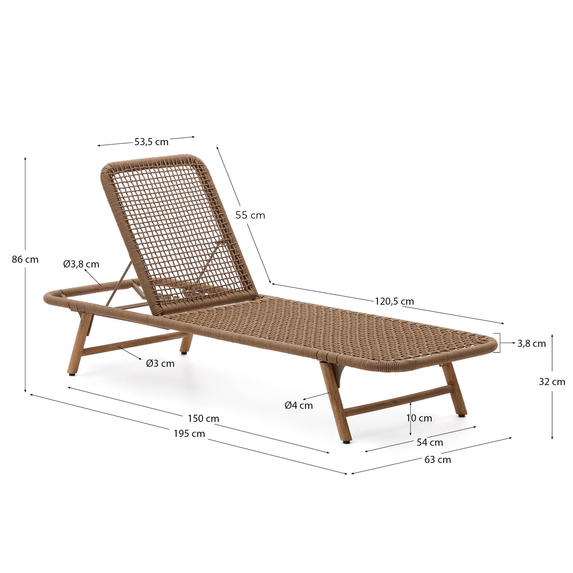 Dandara sun lounger in steel, beige rope and legs in solid FSC 100% acacia wood
