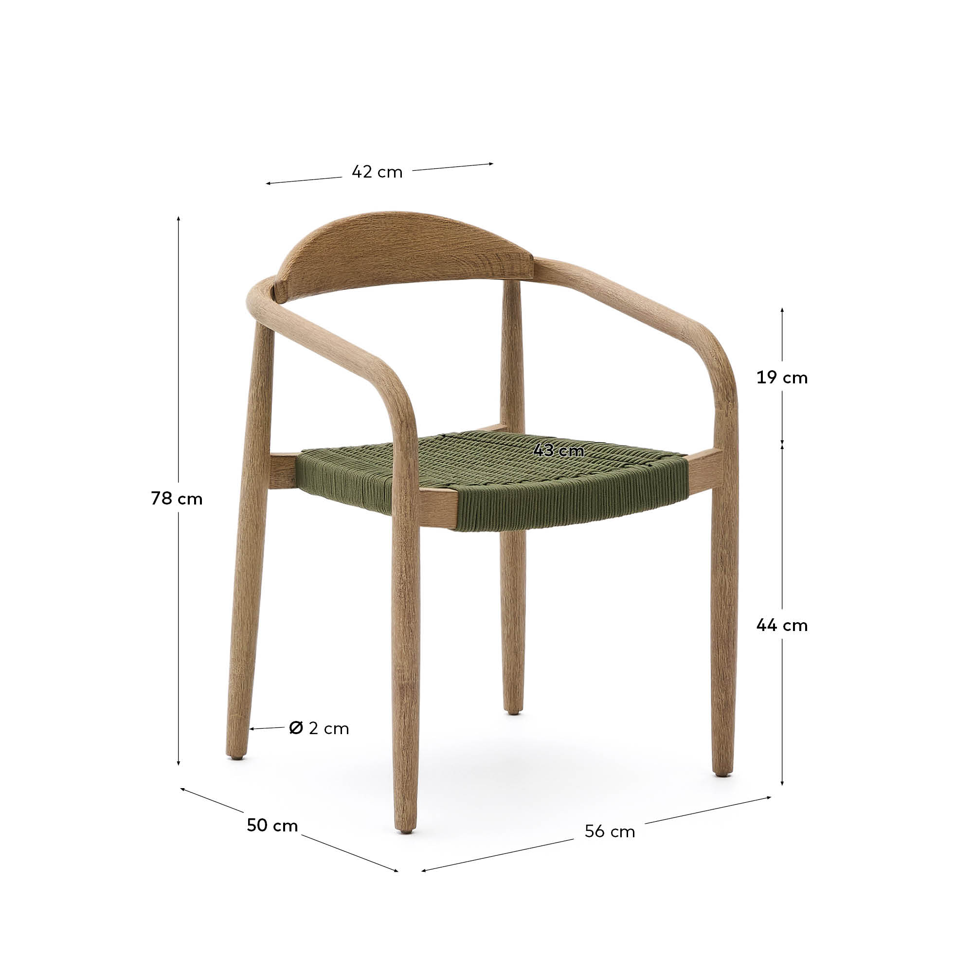 Nina stackable chair in FSC 100% solid acacia wood and green rope cord