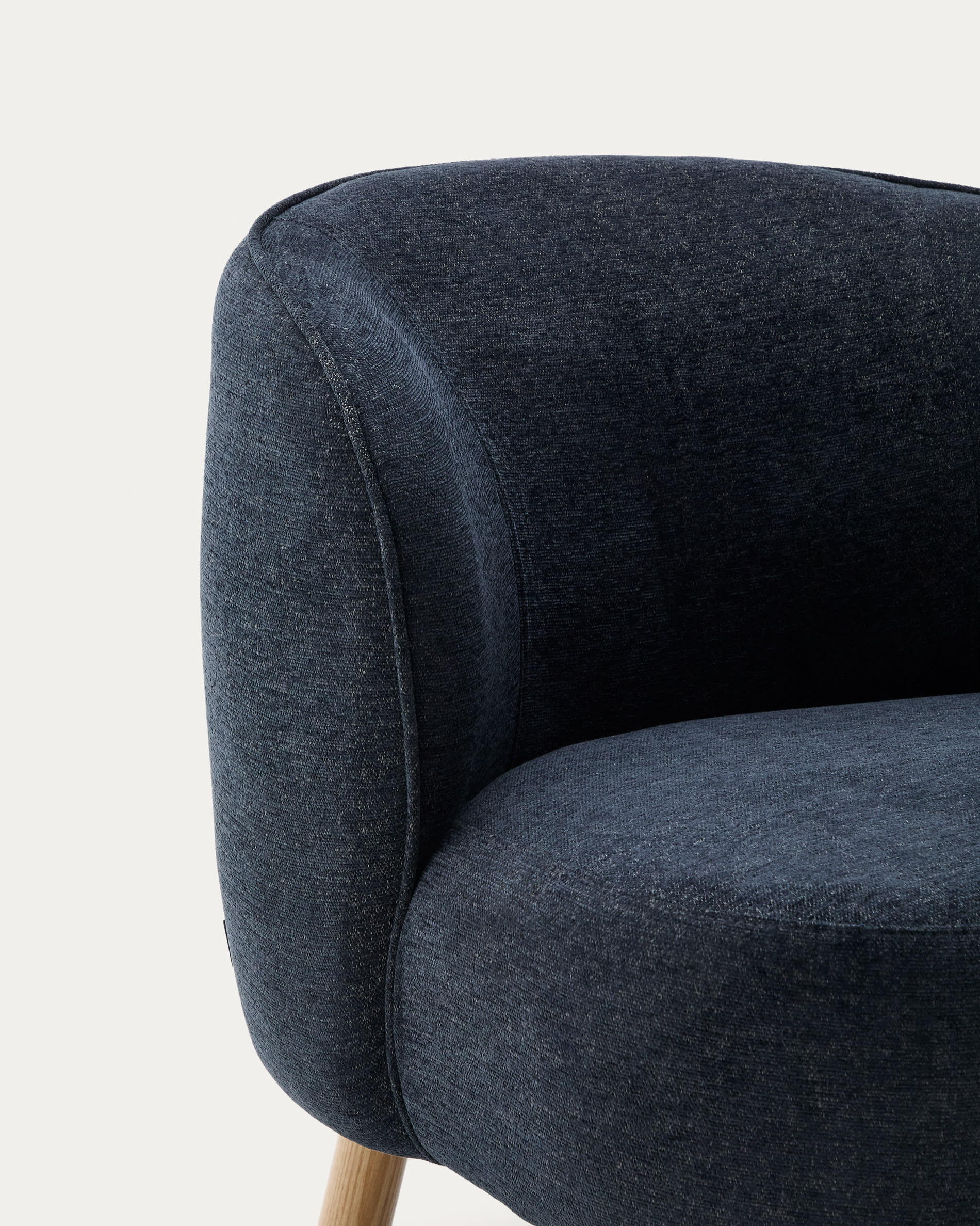 Ulit armchair in blue-grey chenille with solid ash wood legs in a natural finish