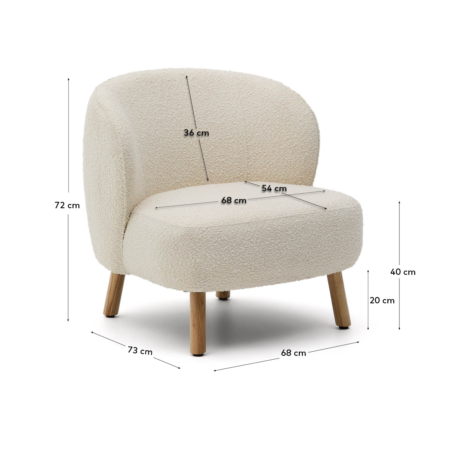 Ulit armchair in white bouclé with solid ash wood legs in a natural finish