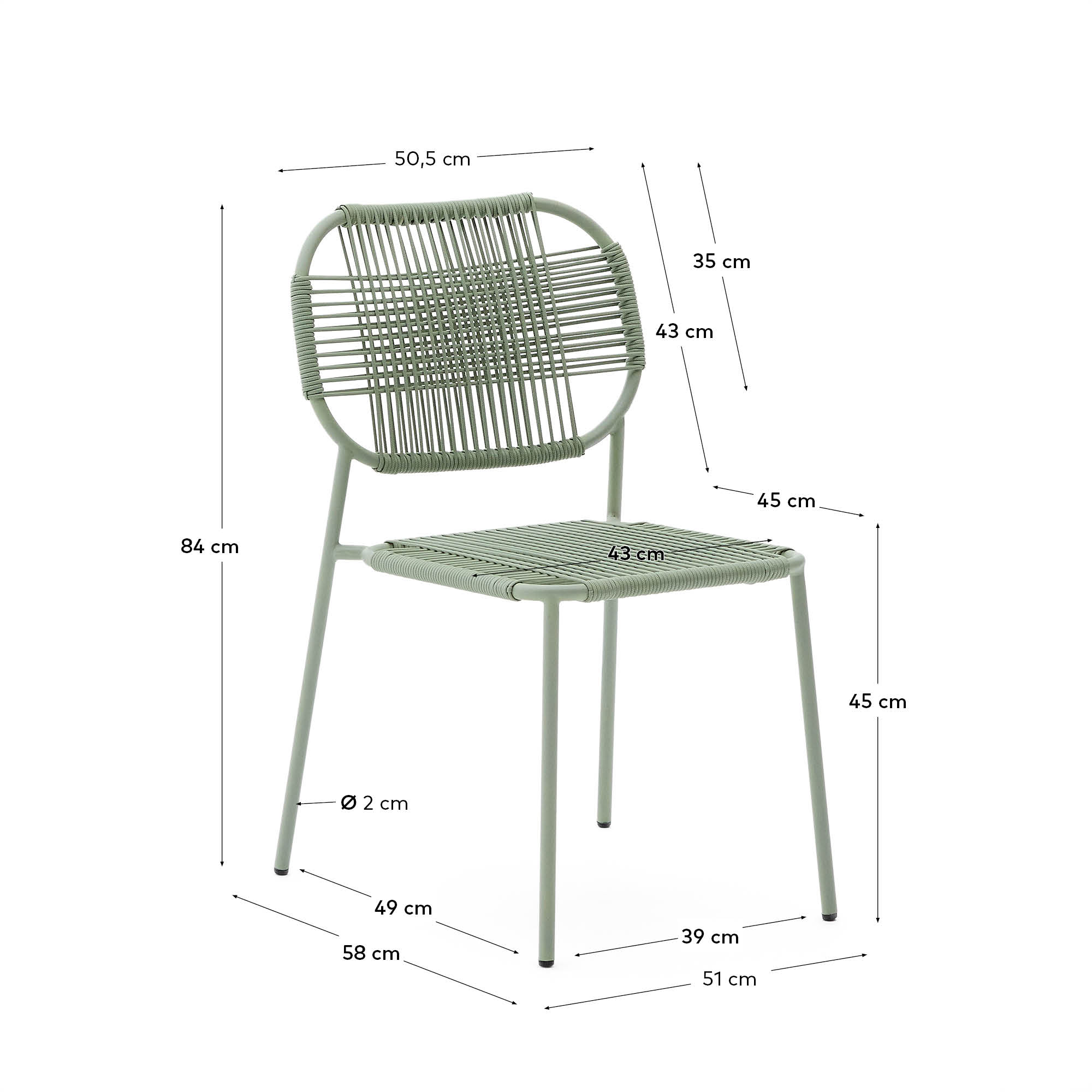 Talaier stackable outdoor chair in synthetic rope and galvanised steel with turquoise finish
