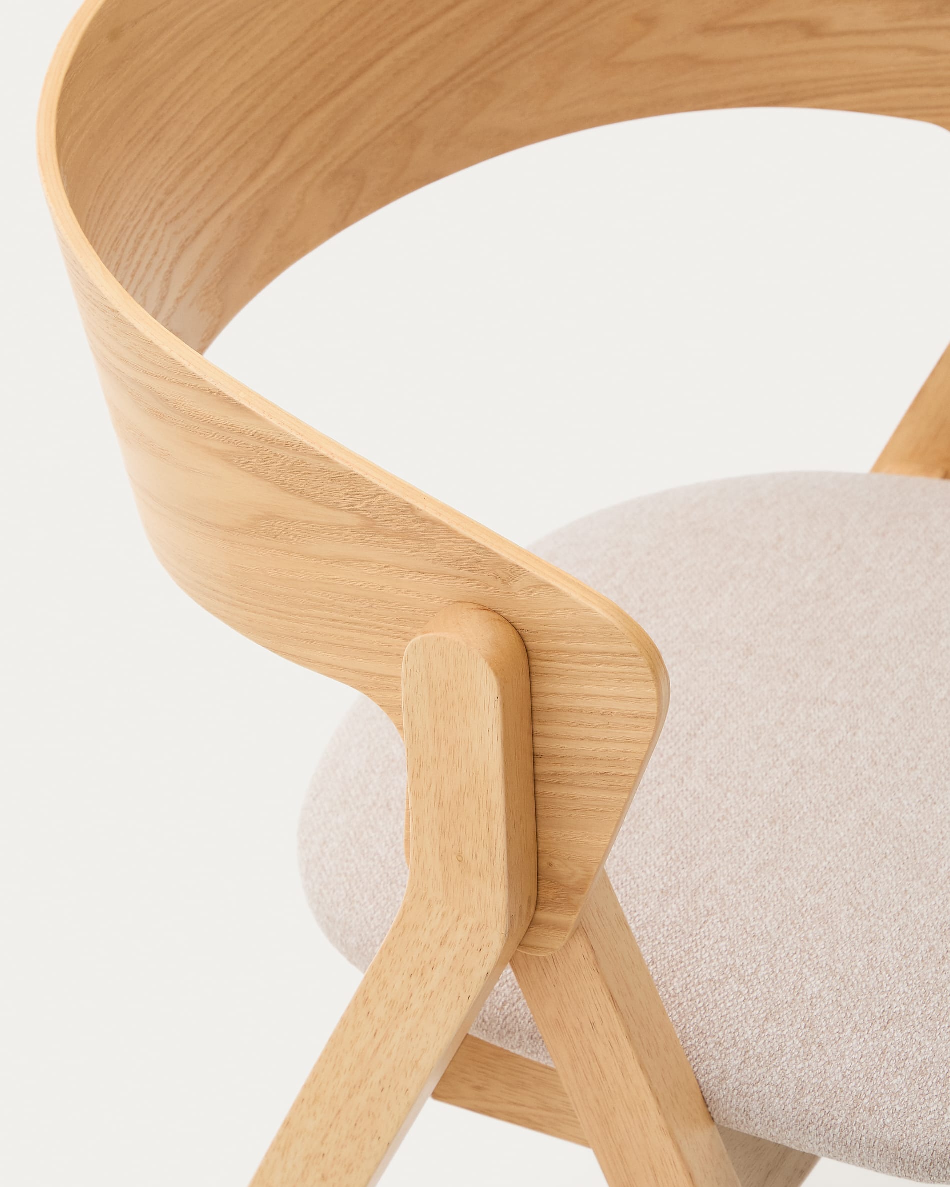 Godia chair in ash veneer with a natural finish and beige chenille