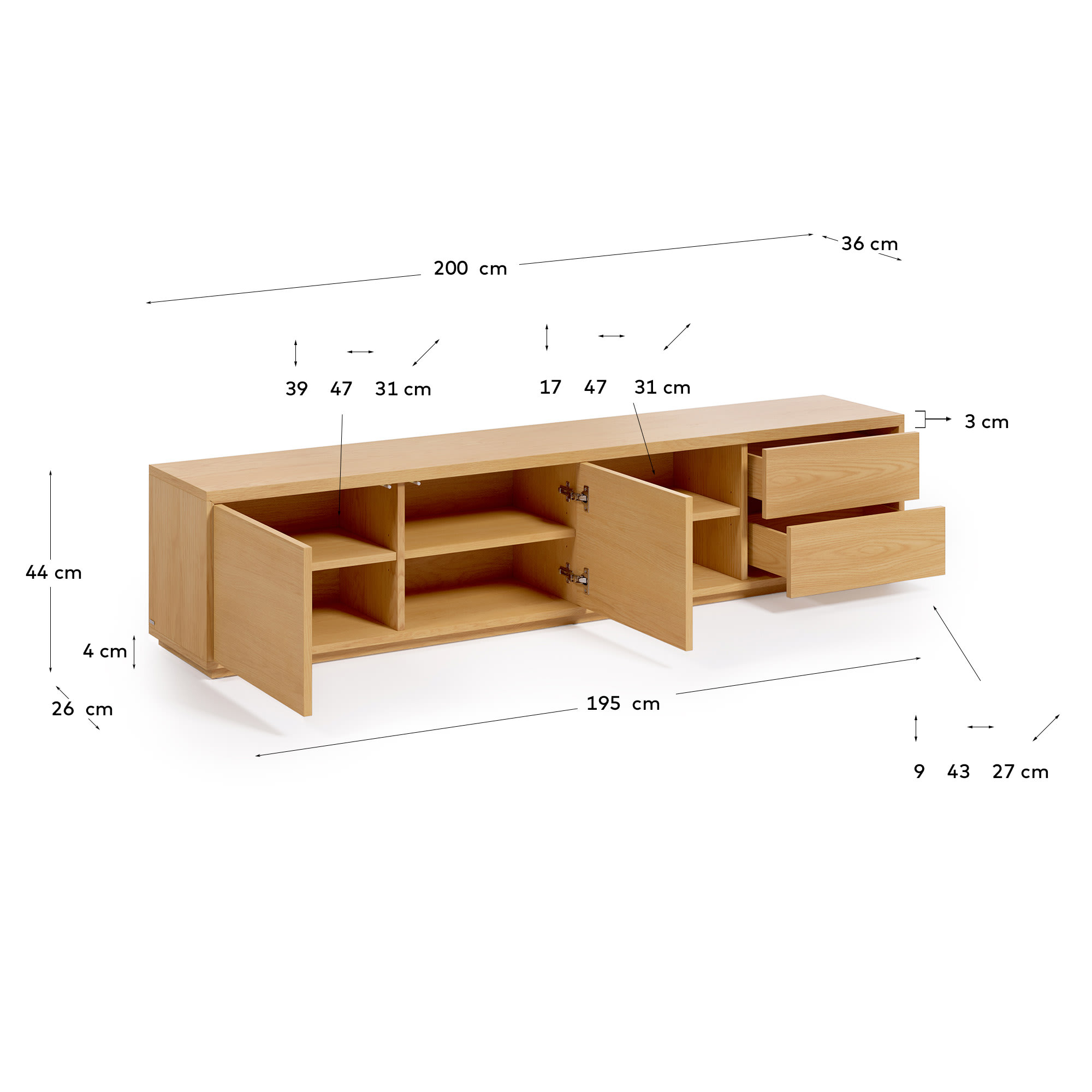 Abilen oak wood veneer 2 door TV stand with 2 drawers, 200 x 44 cm FSC 100%