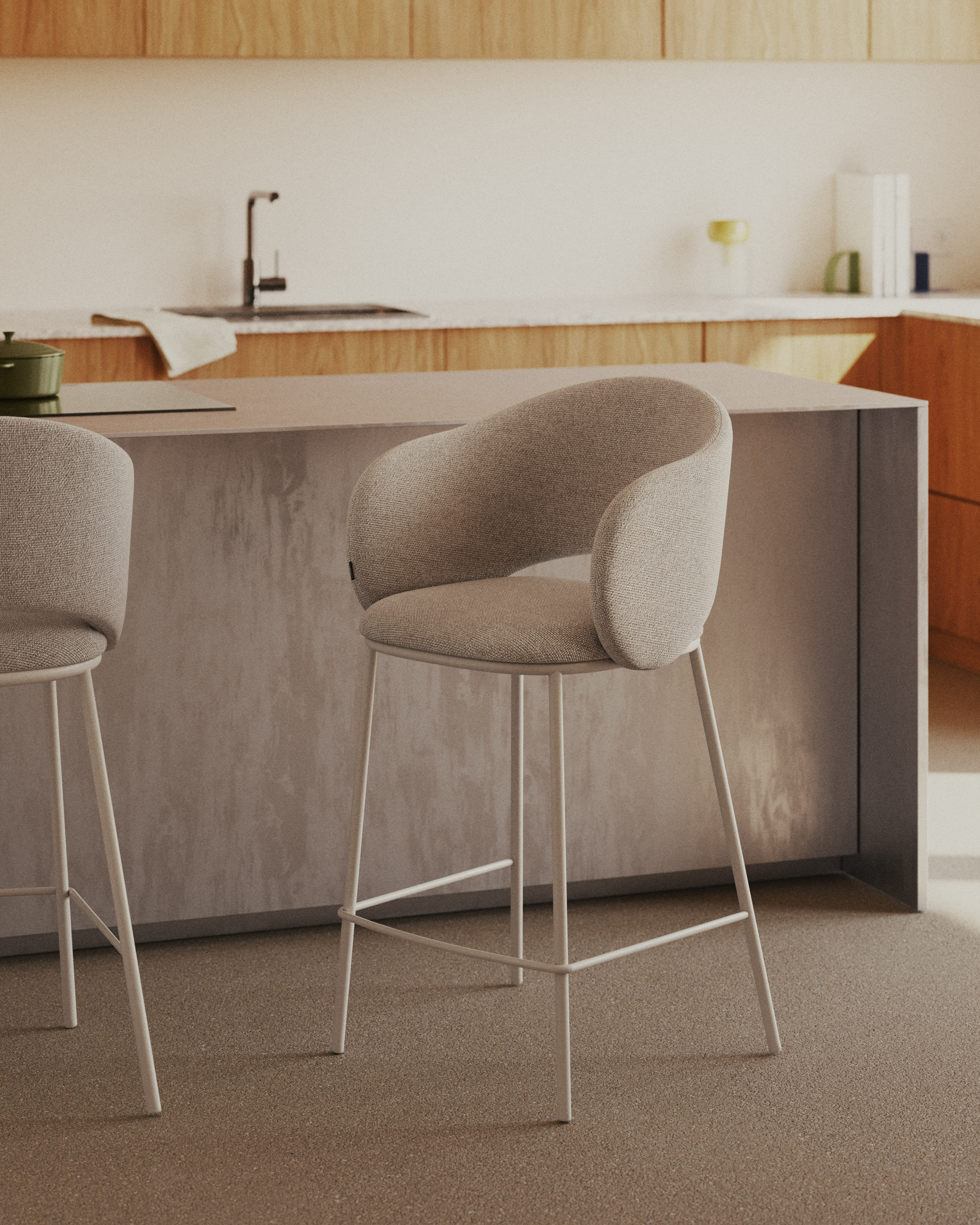 Maina stool in beige chenille and steel legs in a beige finish, FSC Mix Credit, 65 cm
