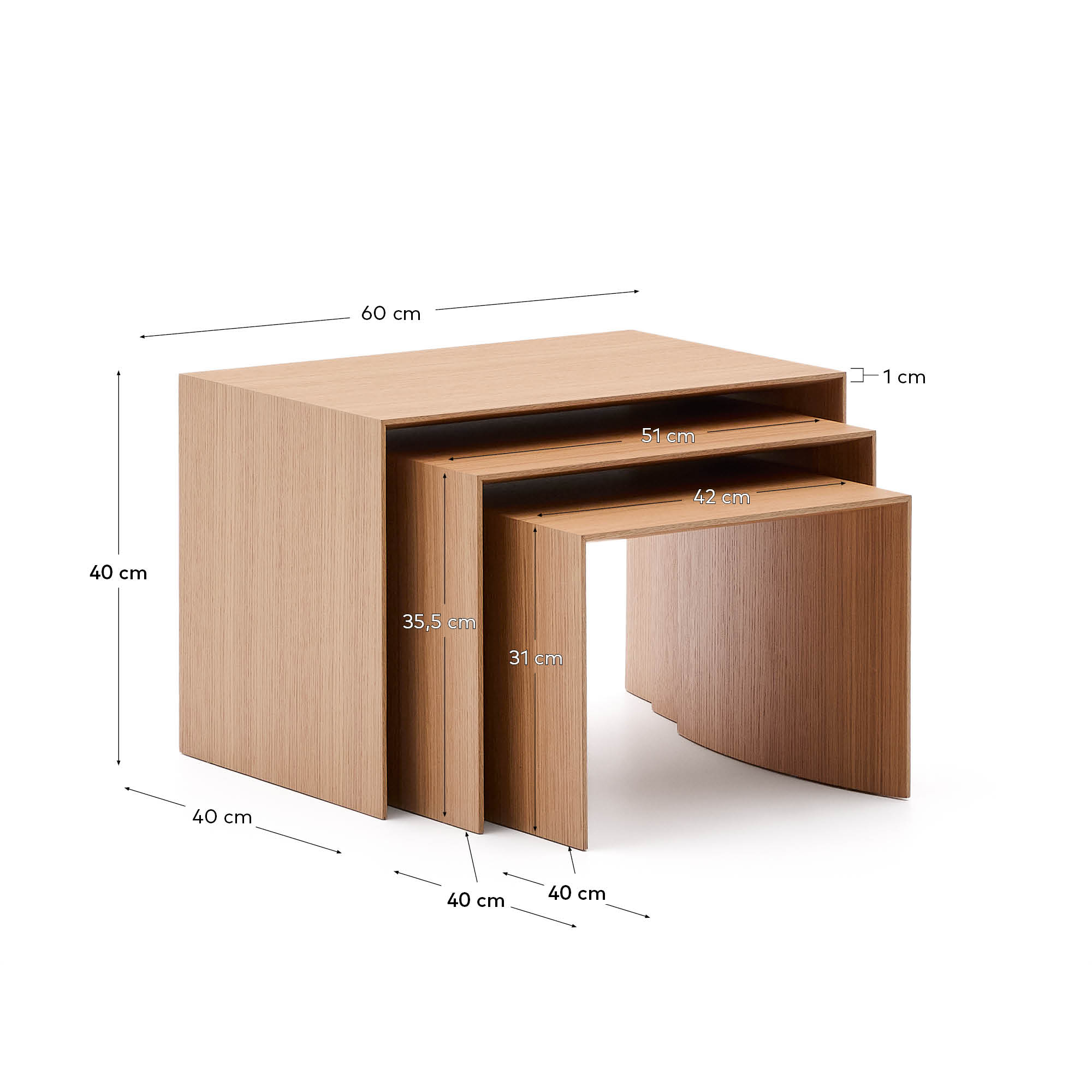 Litto set of 3 oak veneer nesting tables FSC Mix Credit 60 x 40 / 51 x 36 / 42 x 31 cm