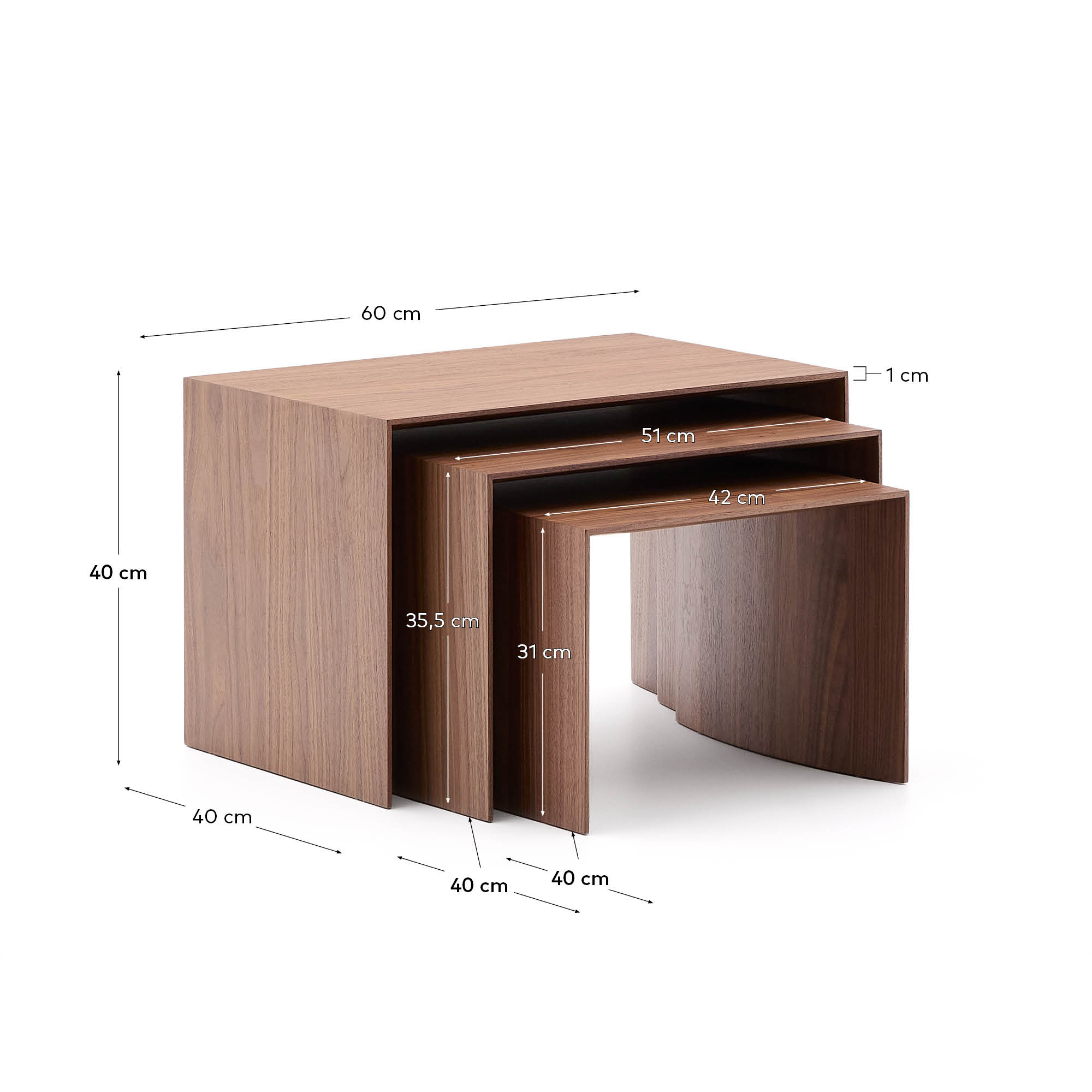 Litto set of 3 walnut veneer FSC Mix Credit nesting tables 60 x 40 / 51 x 36 / 42 x 31 cm